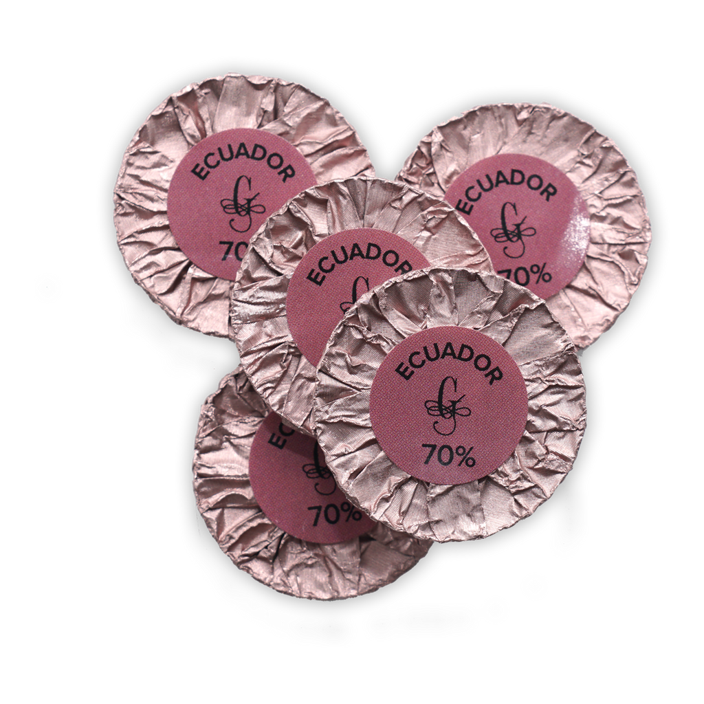 Pink foil-wrapped Guido Gobino Ecuador 70% chocolate disks, 25 pcs