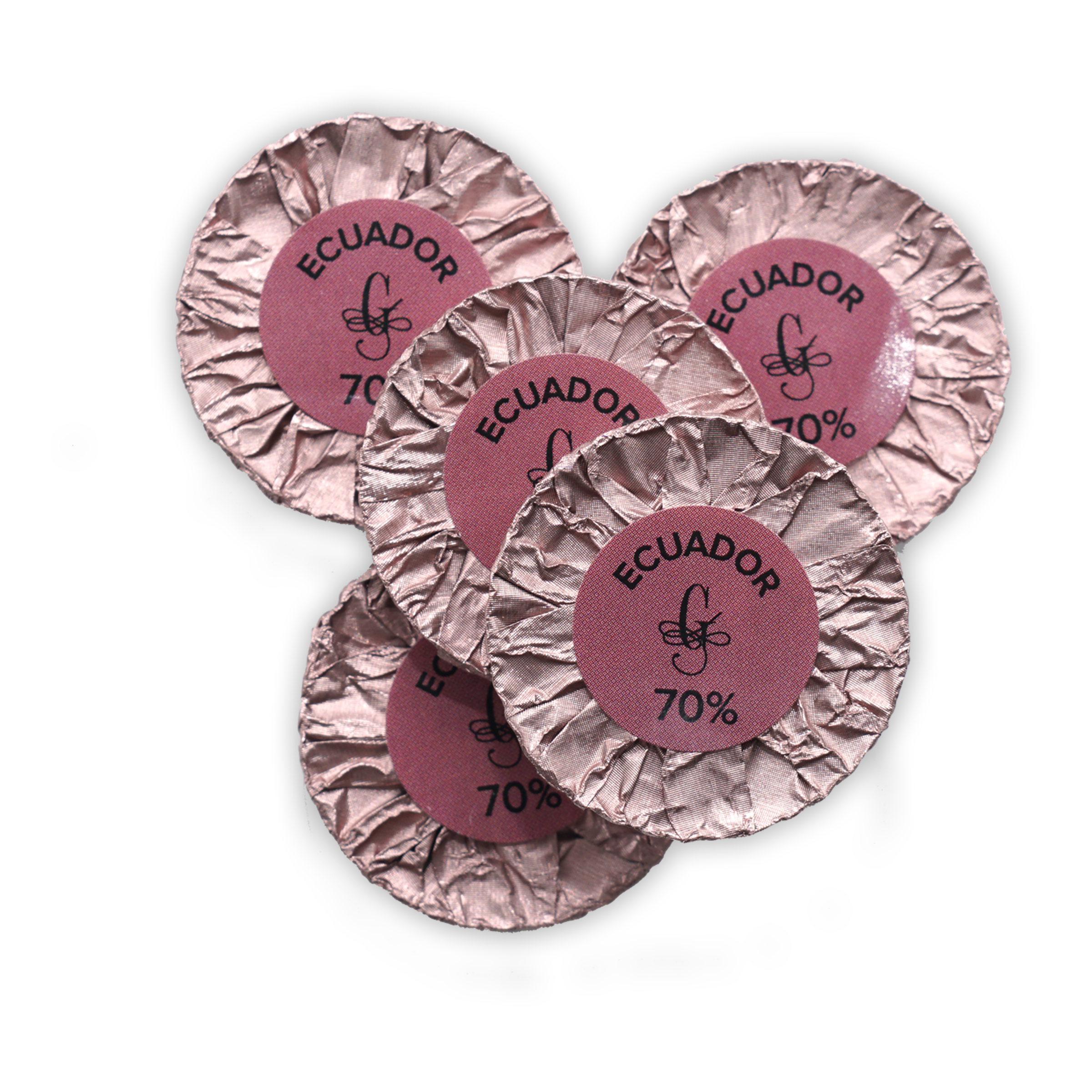 Pink foil-wrapped Guido Gobino Ecuador 70% chocolate disks, 25 pcs