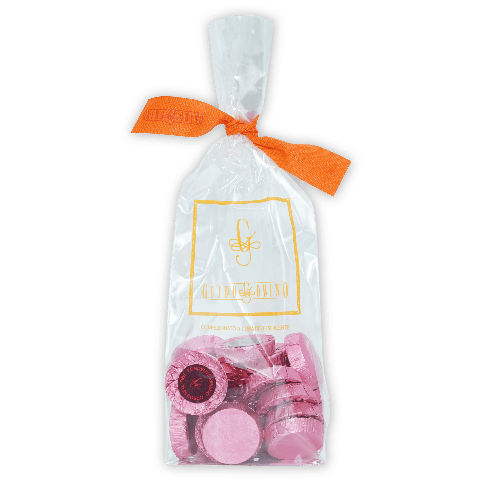 Clear plastic bag of Guido Gobino berry-filled chocolate discs tied with orange ribbon