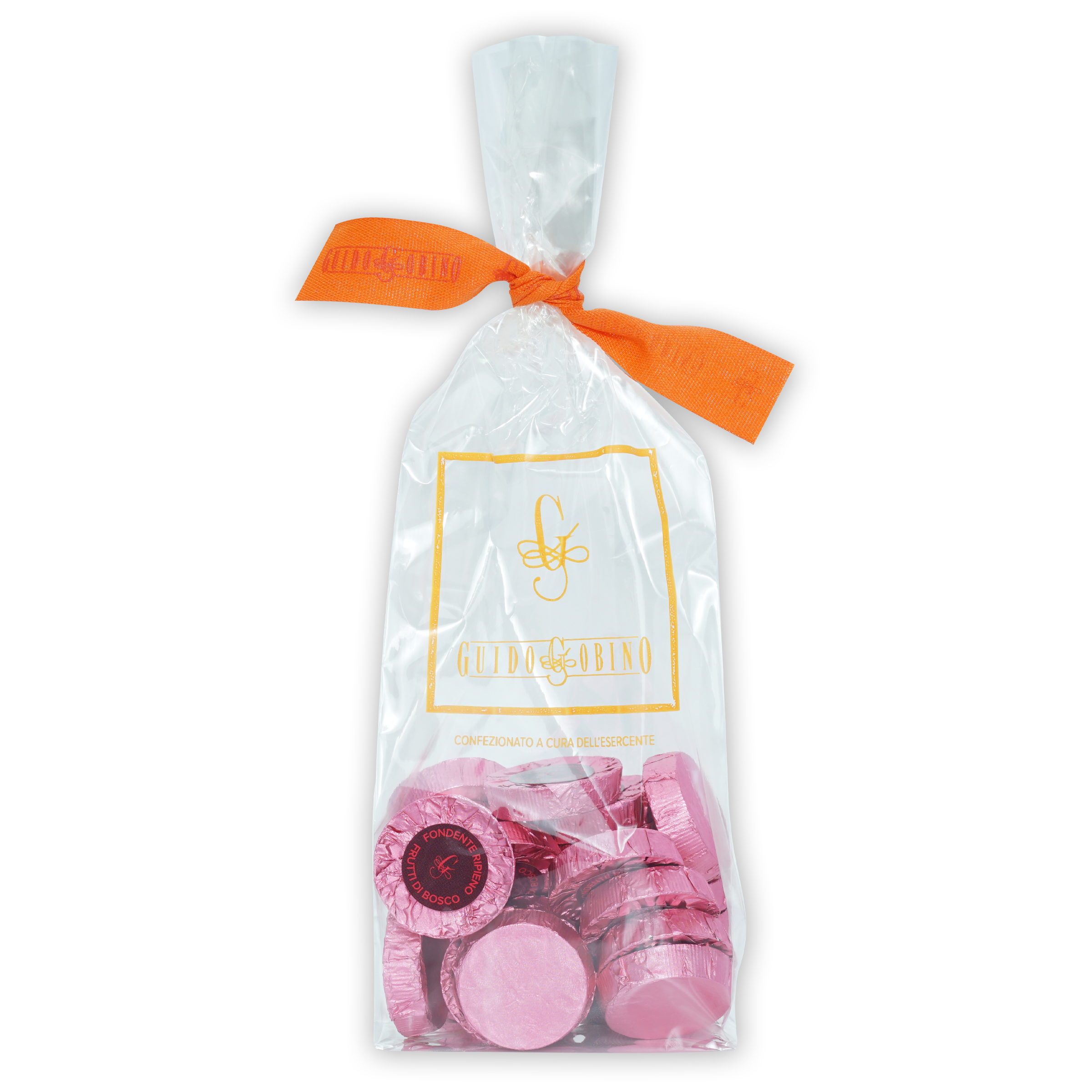 Clear plastic bag of Guido Gobino berry-filled chocolate discs tied with orange ribbon