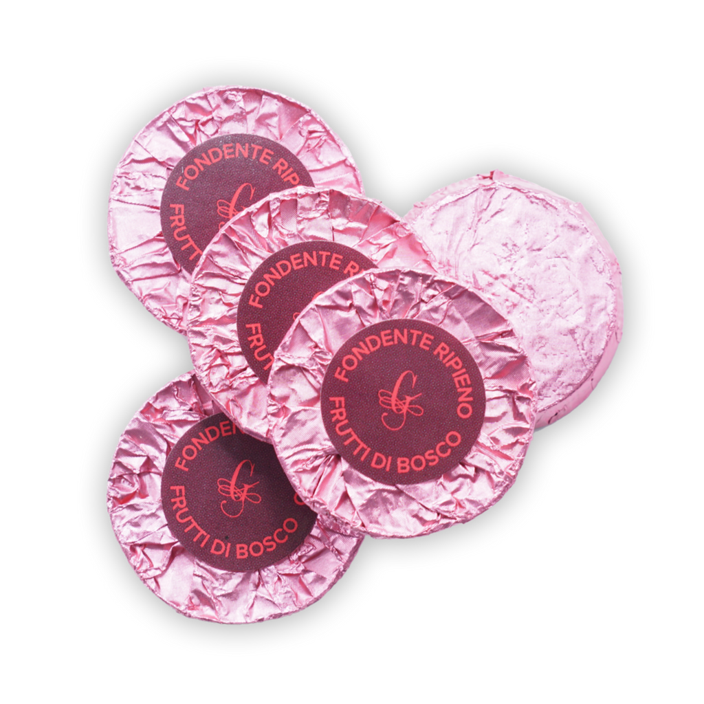Guido Gobino pink foil chocolate discs filled with berries, 25 pcs