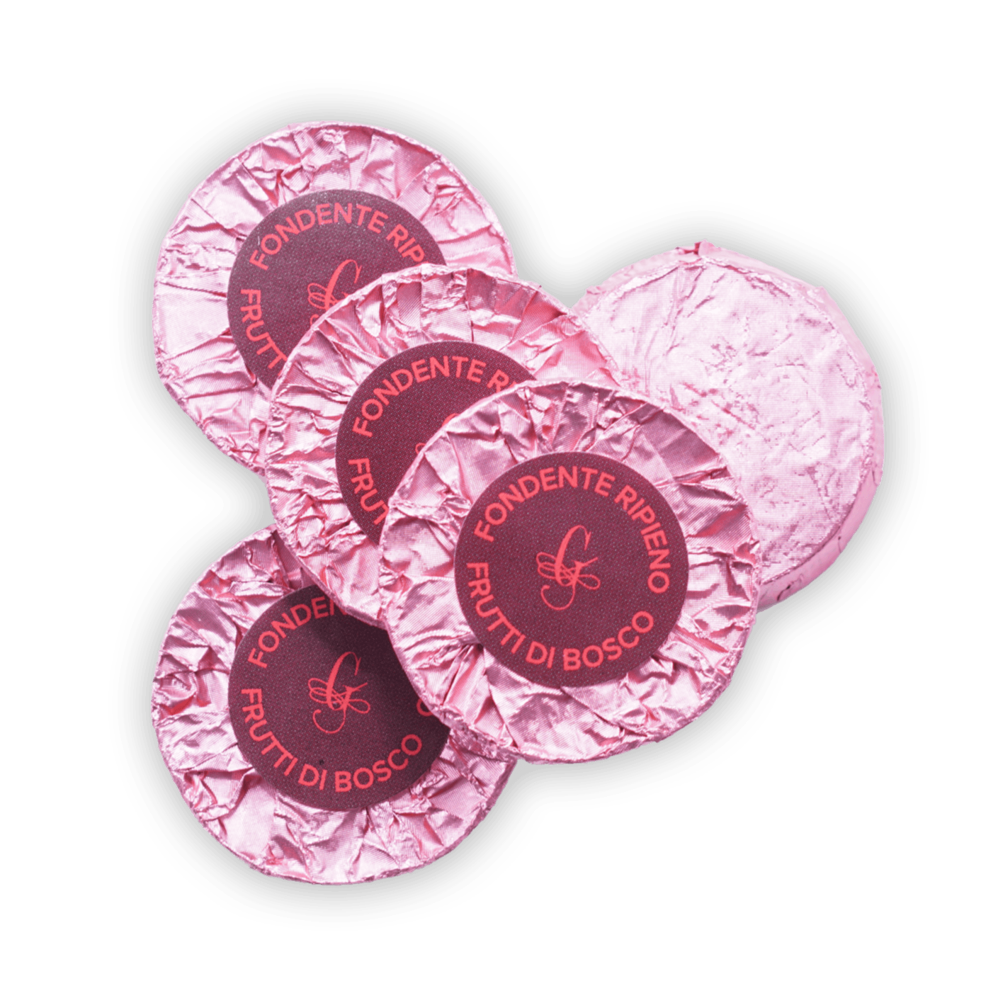 Guido Gobino pink foil chocolate discs filled with berries, 25 pcs