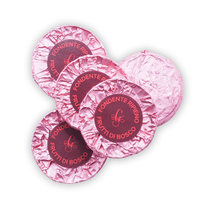 Guido Gobino pink foil chocolate discs filled with berries, 25 pcs