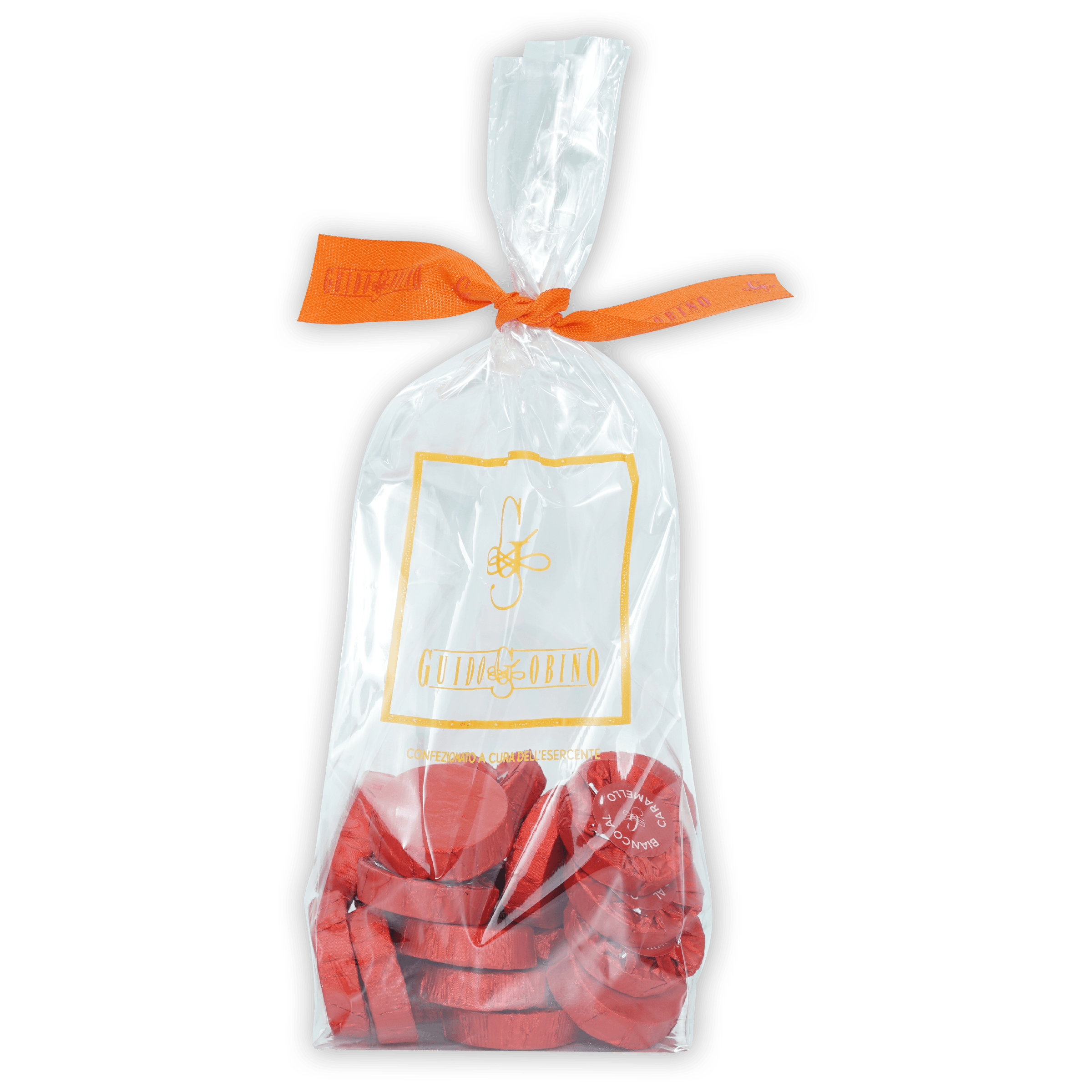 Guido Gobino red heart-shaped Gioia Sodino chocolates in tied bag