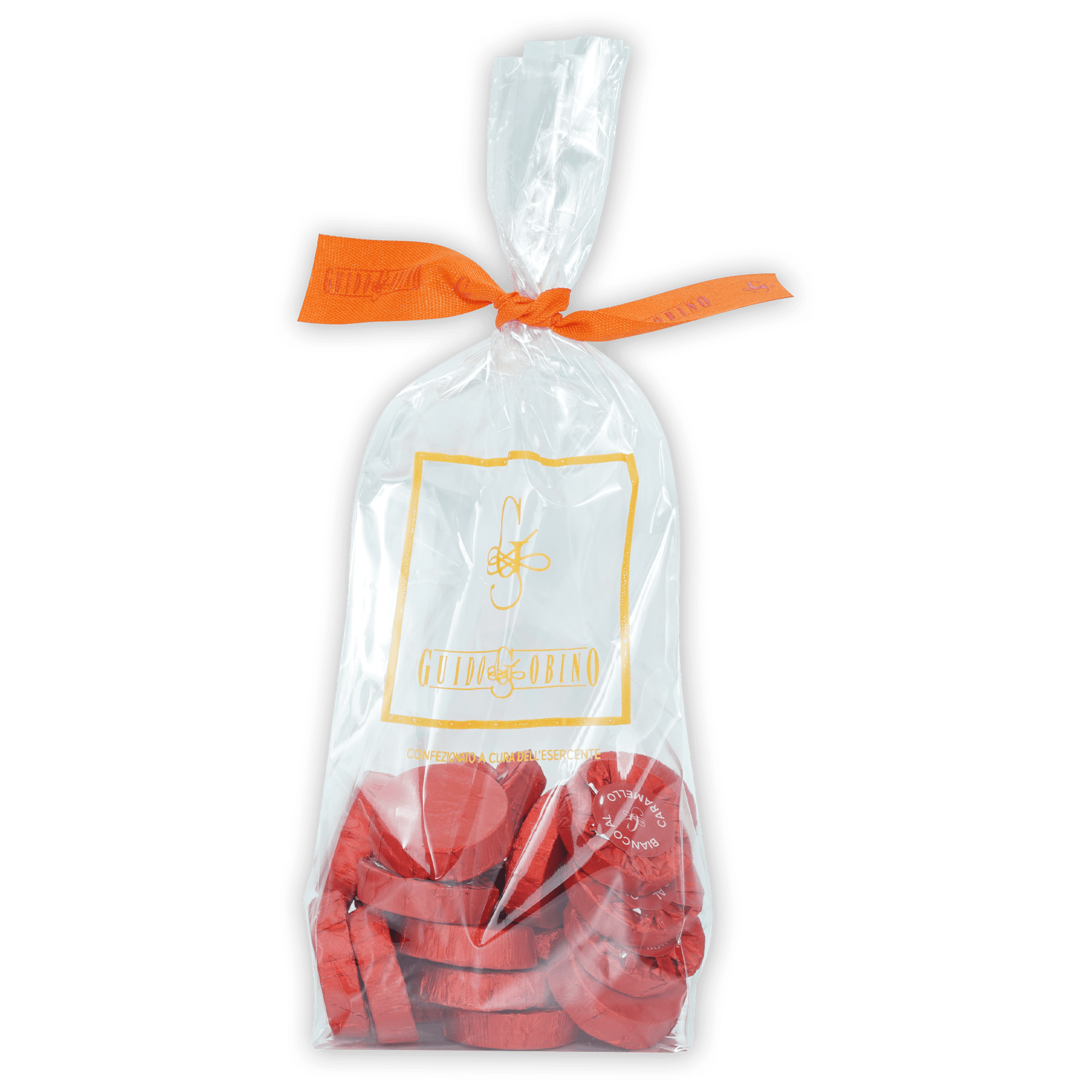 Guido Gobino red heart-shaped Gioia Sodino chocolates in tied bag