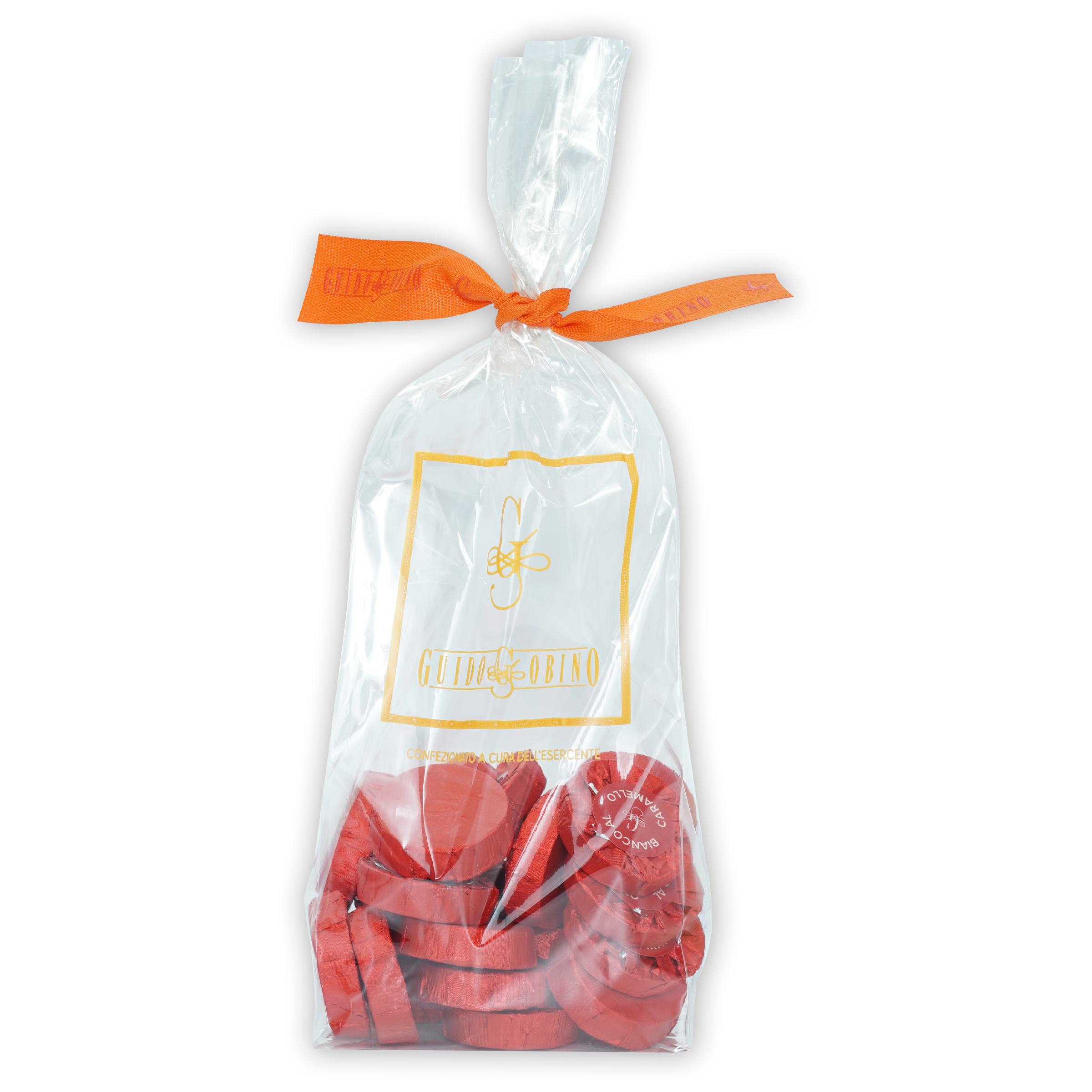 Guido Gobino red heart-shaped Gioia Sodino chocolates in tied bag