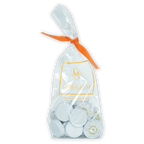 Giovanni white chocolate-covered espresso beans in clear bag with orange ribbon, 25 pcs pistachio filled discs