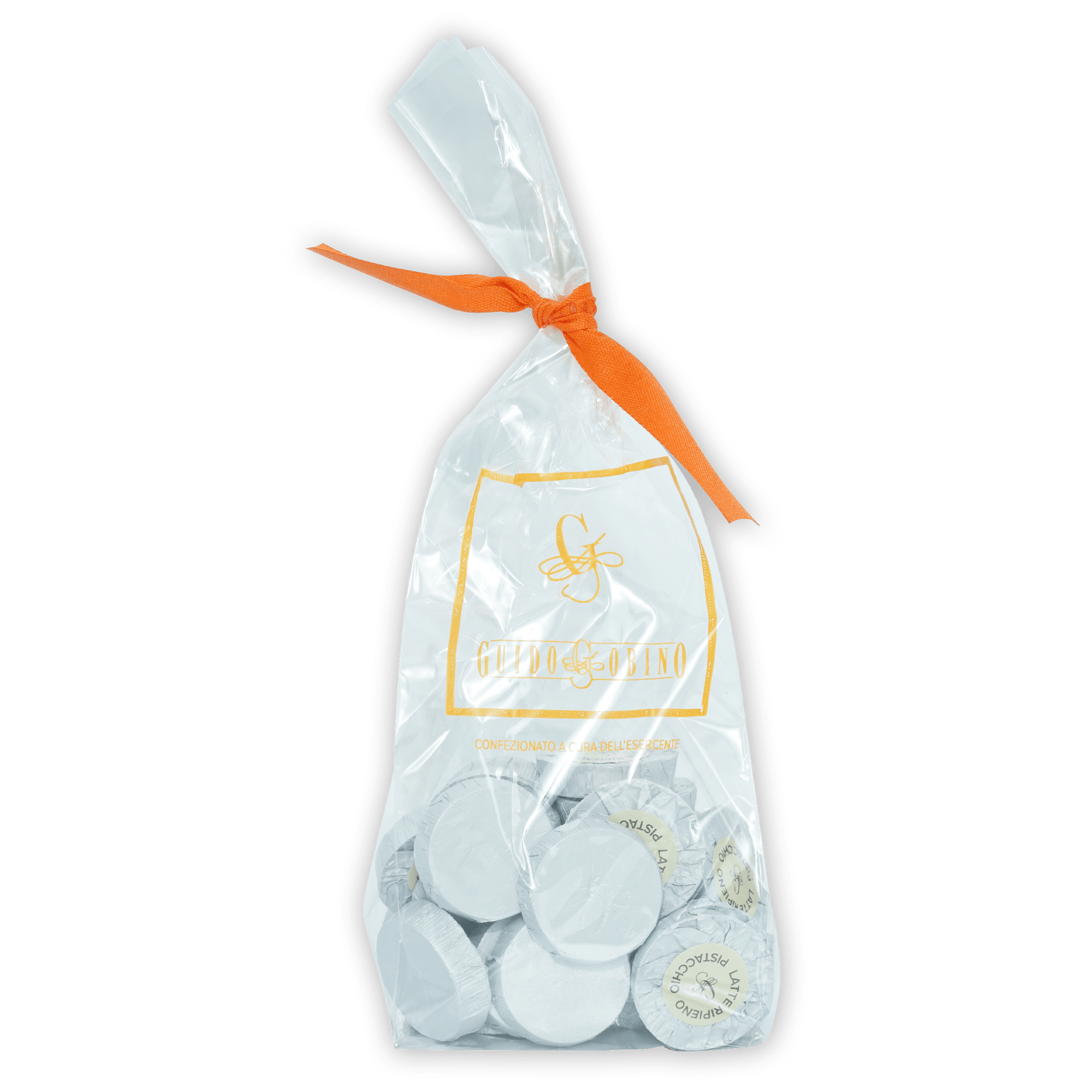 Giovanni white chocolate-covered espresso beans in clear bag with orange ribbon, 25 pcs pistachio filled discs