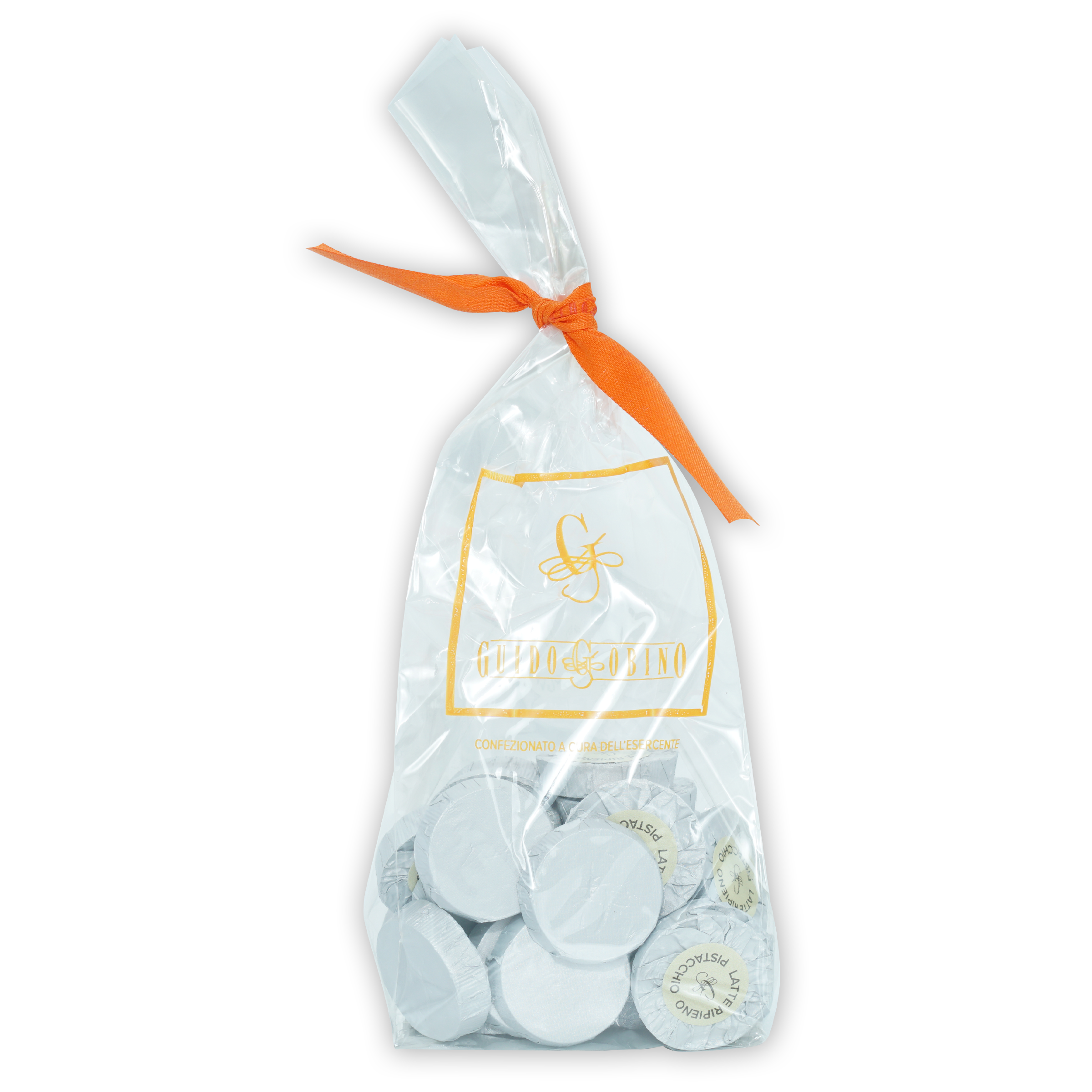 Giovanni white chocolate-covered espresso beans in clear bag with orange ribbon, 25 pcs pistachio filled discs