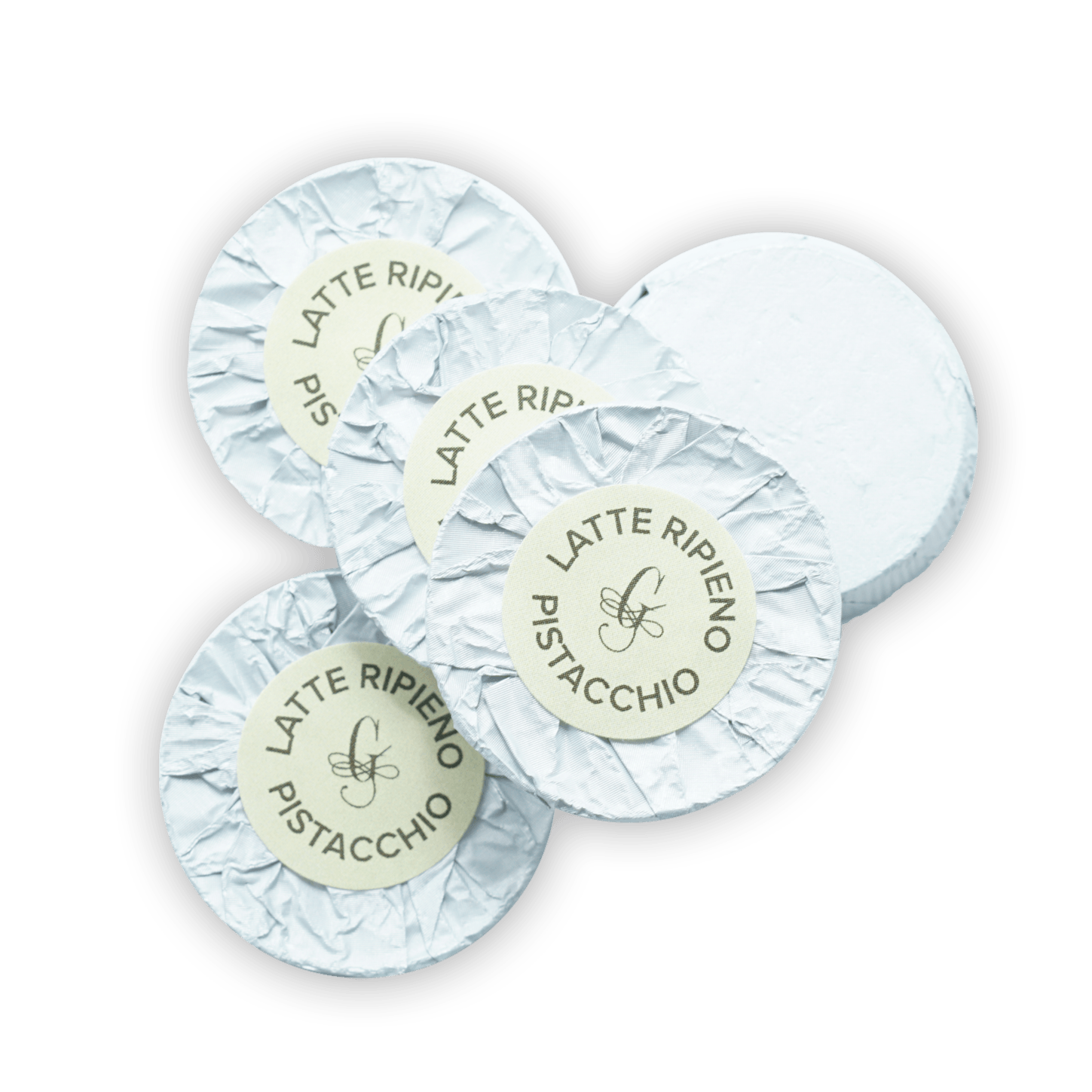 Guido Gobino white crinkled foil-wrapped pistachio-filled latte ripieno cookies, 25 pcs
