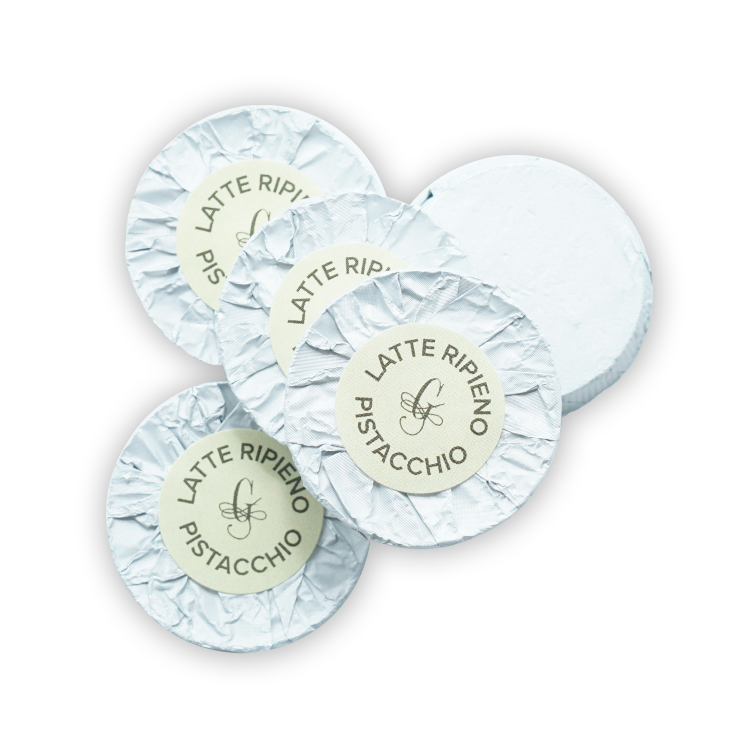 Guido Gobino white crinkled foil-wrapped pistachio-filled latte ripieno cookies, 25 pcs