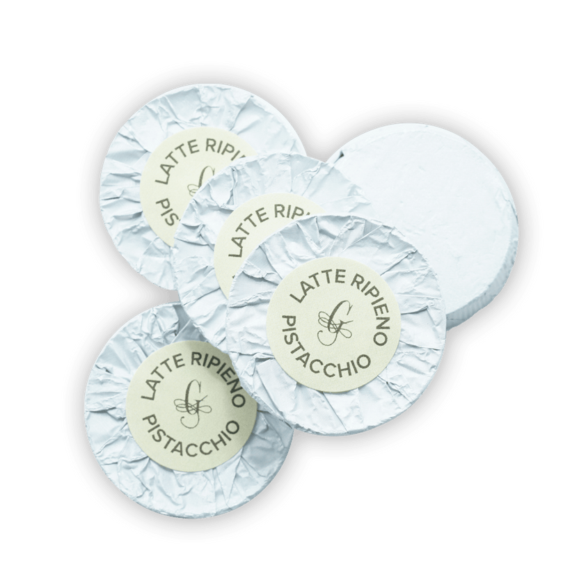 Guido Gobino white crinkled foil-wrapped pistachio-filled latte ripieno cookies, 25 pcs