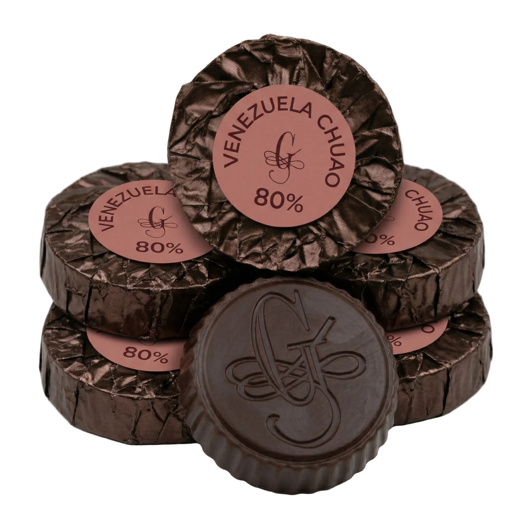 Stack of chocolate disks from Guido Gobino Venezuela Chuao 80%