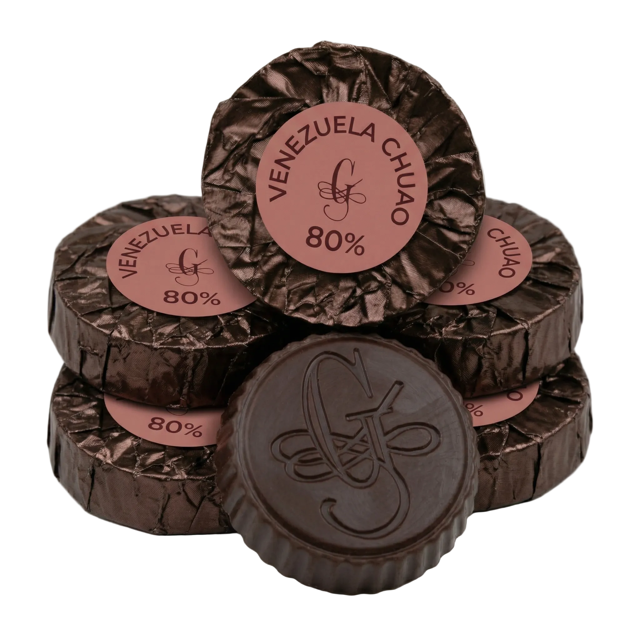 Stack of chocolate disks from Guido Gobino Venezuela Chuao 80%