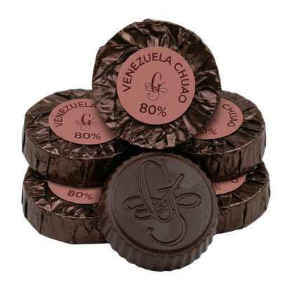 Stack of chocolate disks from Guido Gobino Venezuela Chuao 80%