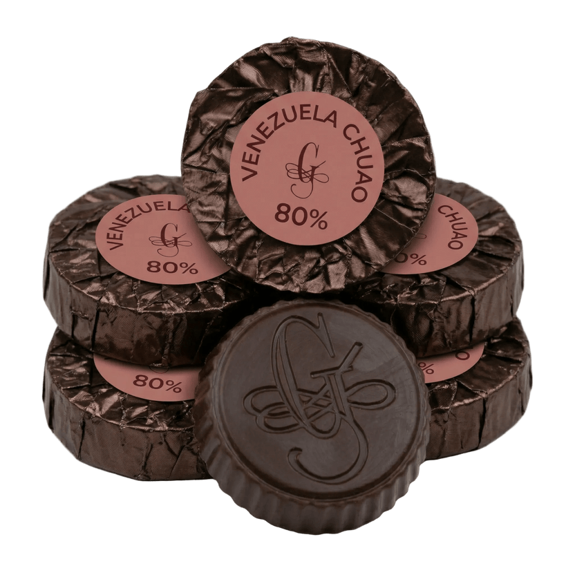 Stack of chocolate disks from Guido Gobino Venezuela Chuao 80%