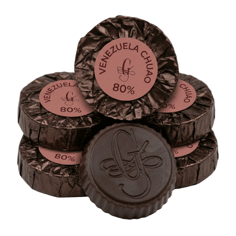 Stack of chocolate disks from Guido Gobino Venezuela Chuao 80%