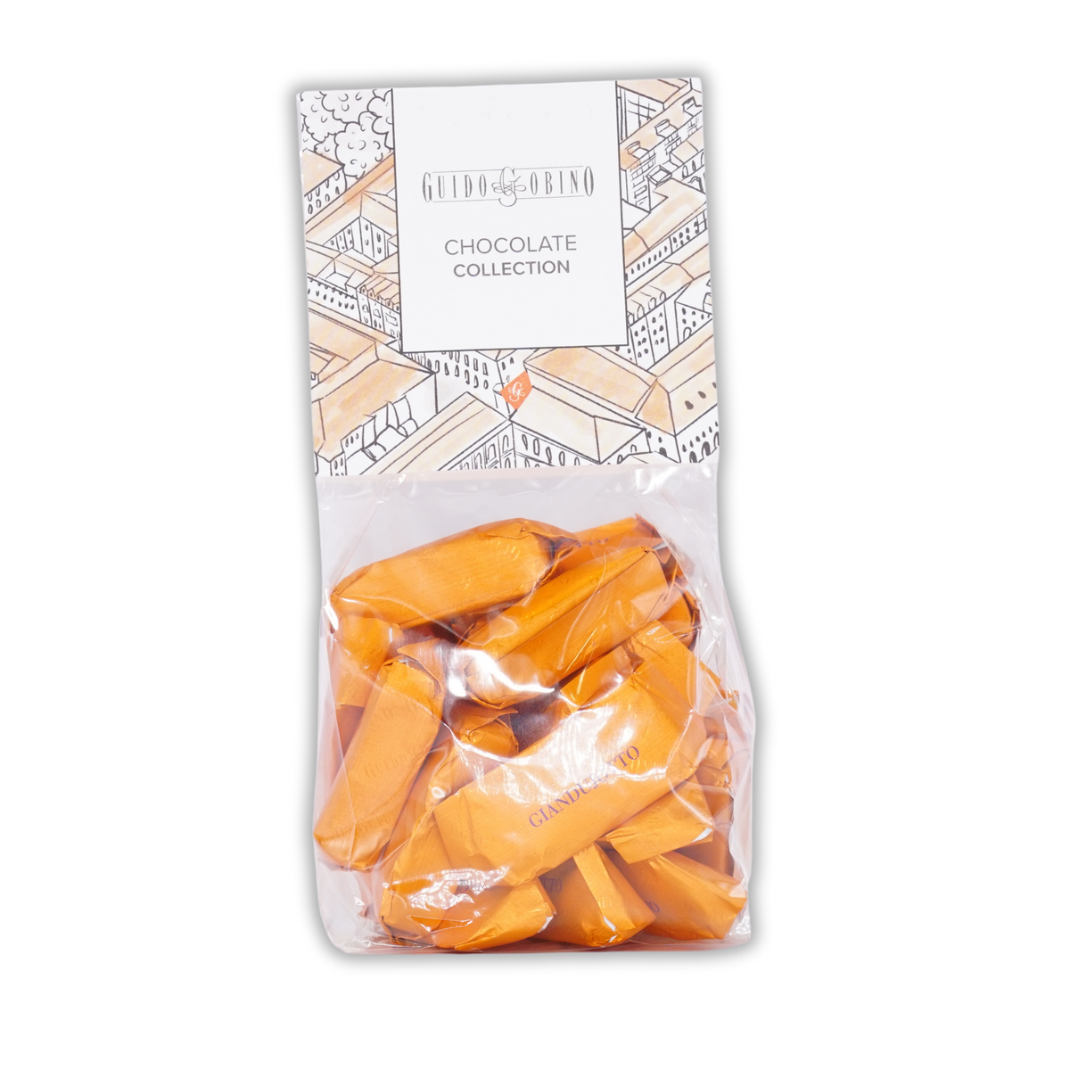A clear bag of orange foil wrapped Guido Gobino Giandujotto chocolates against a black background.