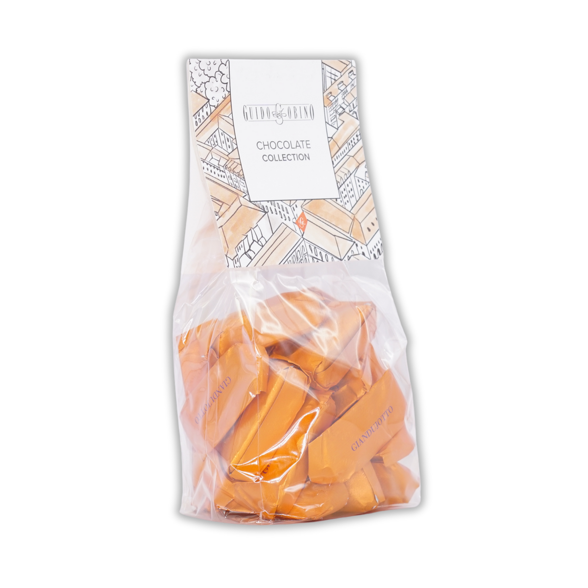 A clear bag of gold foil-wrapped Guido Gobino giandujotto chocolates with an illustrated paper topper.