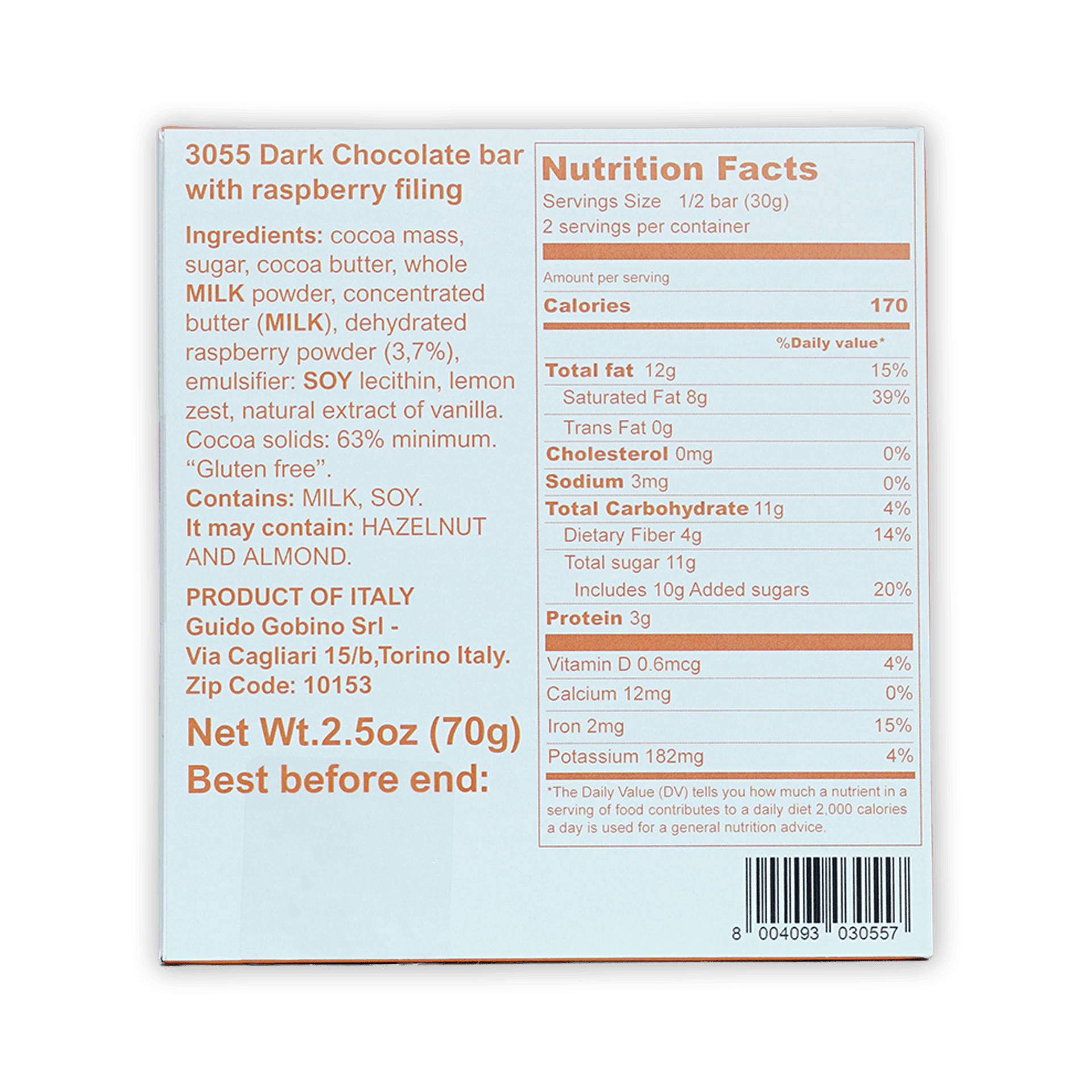Guido Gobino 3055 dark chocolate bar with raspberry filling box back