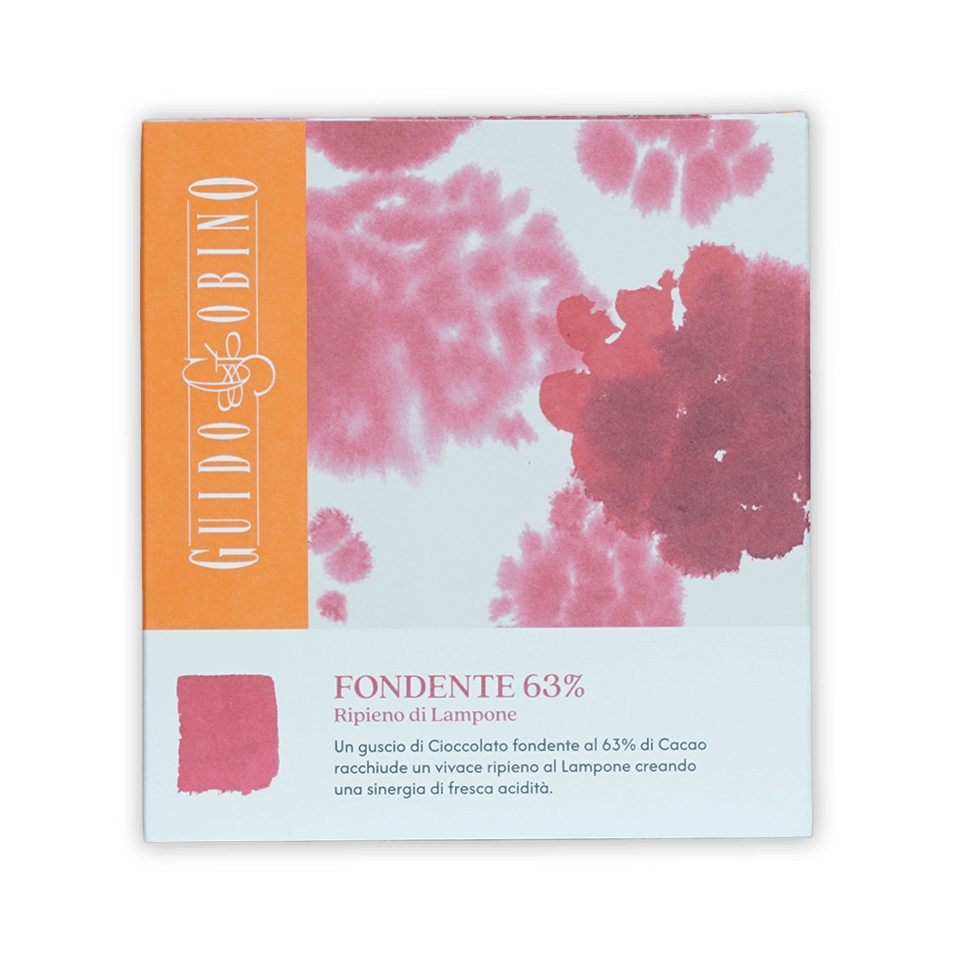 Guido Gobino 63% dark chocolate bar with pink raspberry filling in orange box