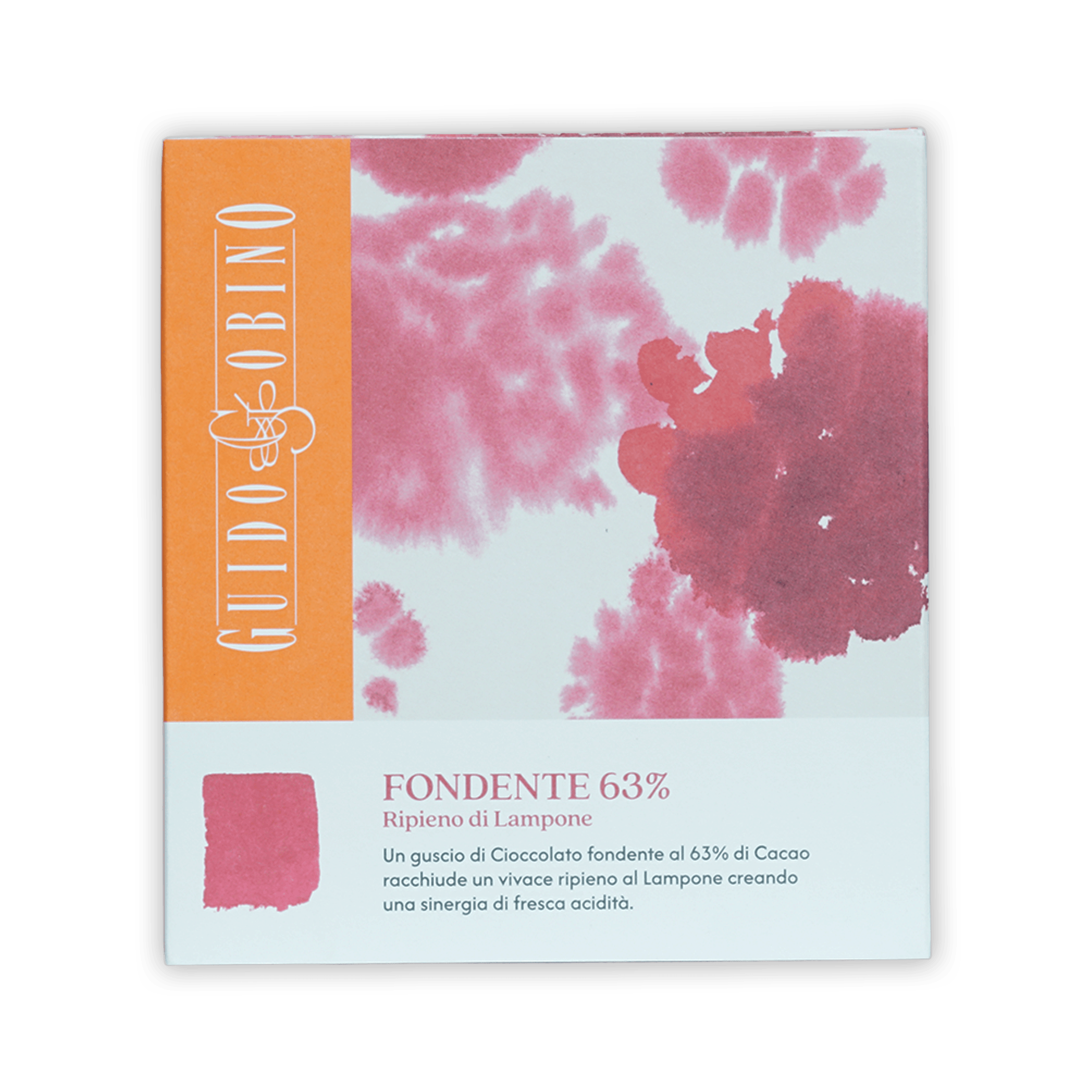 Guido Gobino 63% dark chocolate bar with pink raspberry filling in orange box