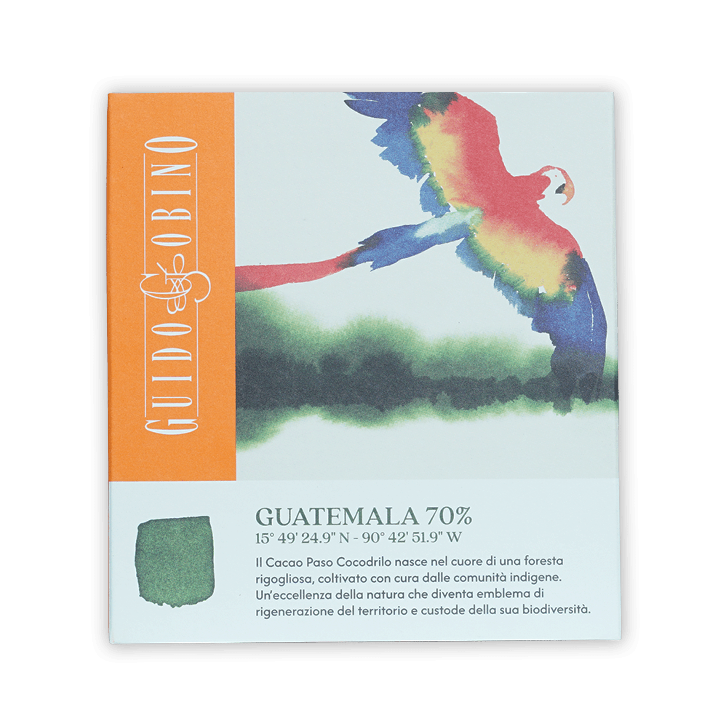 Guido Gobino Guatemala 70% dark chocolate bar with parrot design