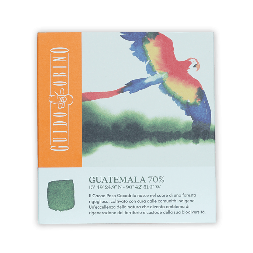 Guido Gobino Guatemala 70% dark chocolate bar with parrot design