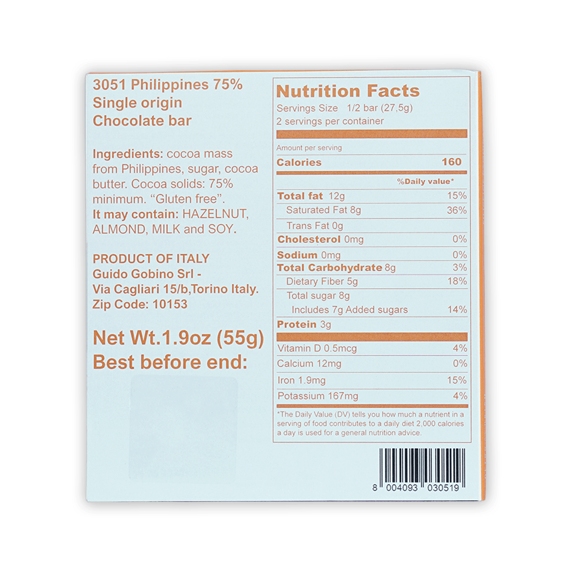 Guido Gobino 75% Philippines dark chocolate bar, light blue orange package