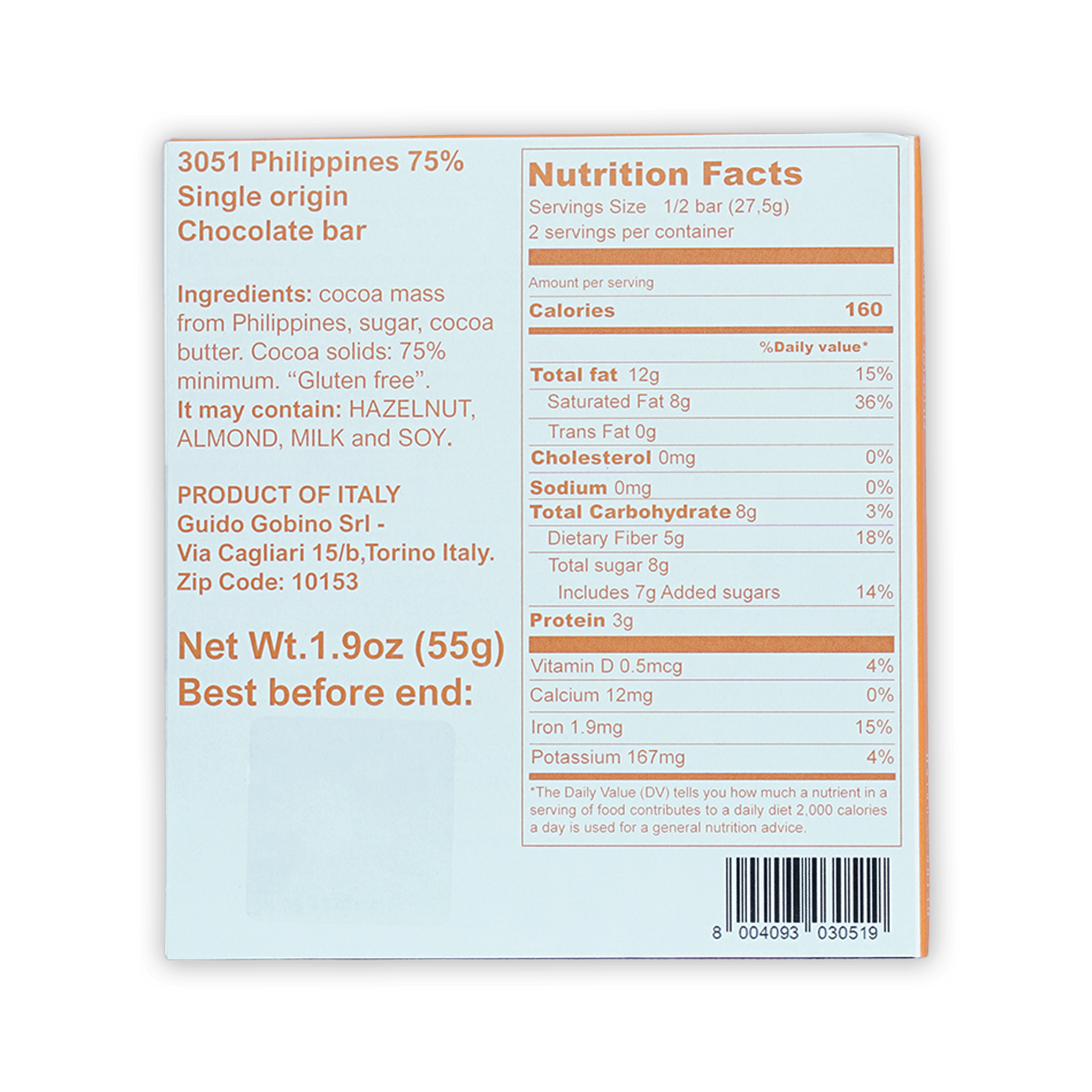 Guido Gobino 75% Philippines dark chocolate bar, light blue orange package