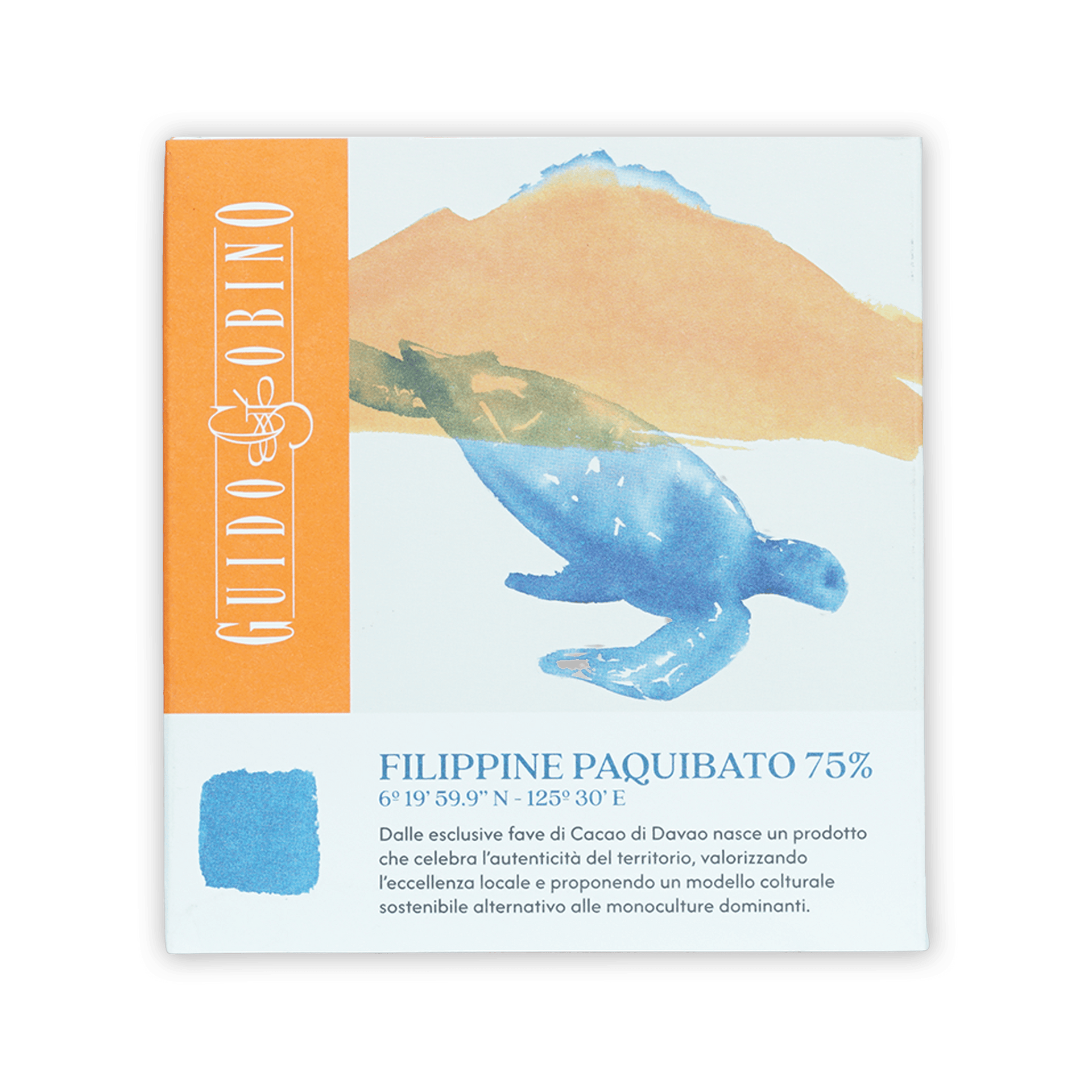 Blue watercolor sea turtle on Guido Gobino Philippine Paquibato 75% cacao box