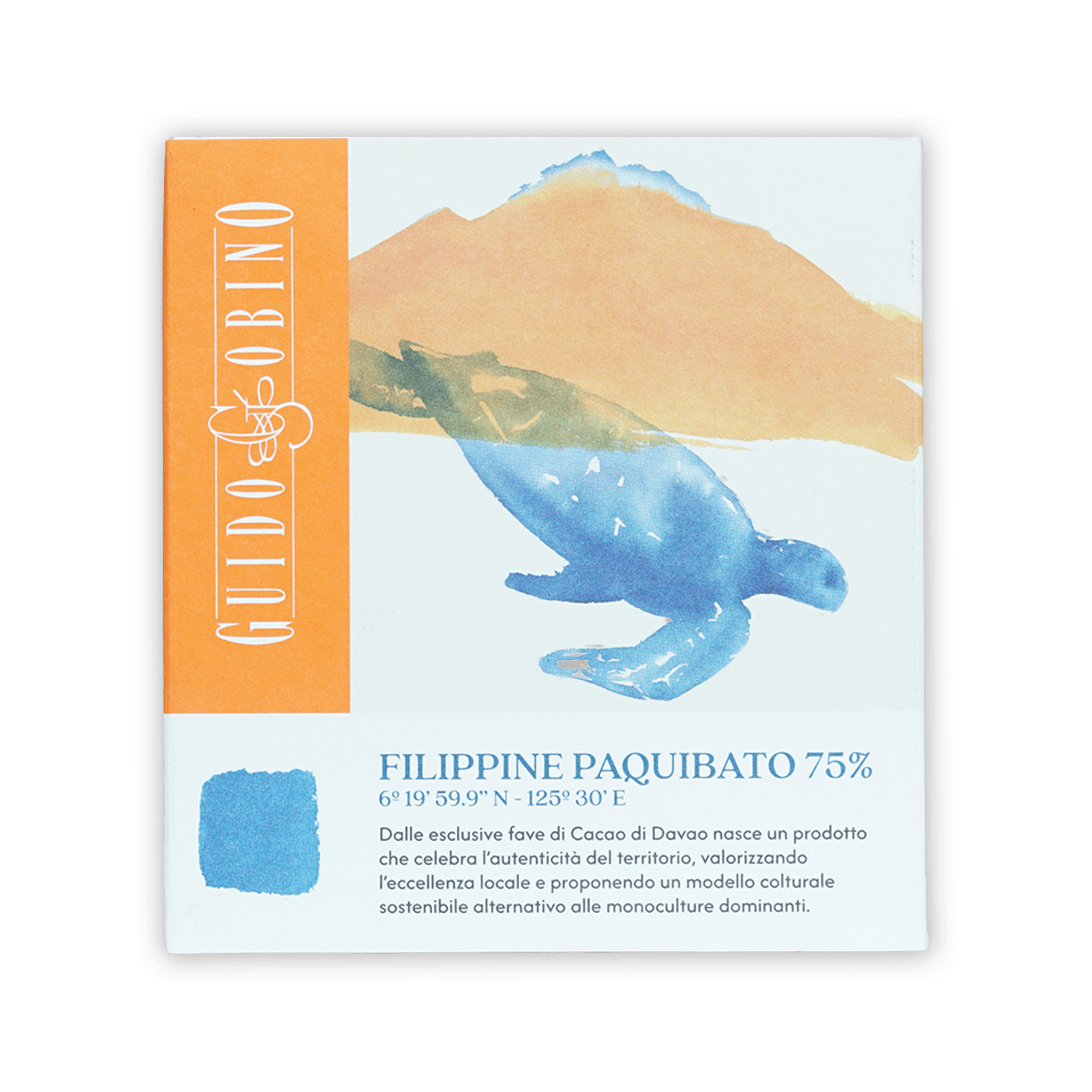 Blue watercolor sea turtle on Guido Gobino Philippine Paquibato 75% cacao box