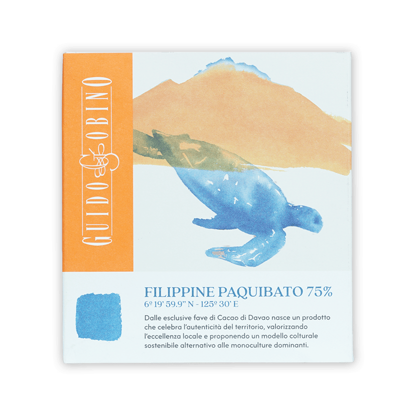 Blue watercolor sea turtle on Guido Gobino Philippine Paquibato 75% cacao box