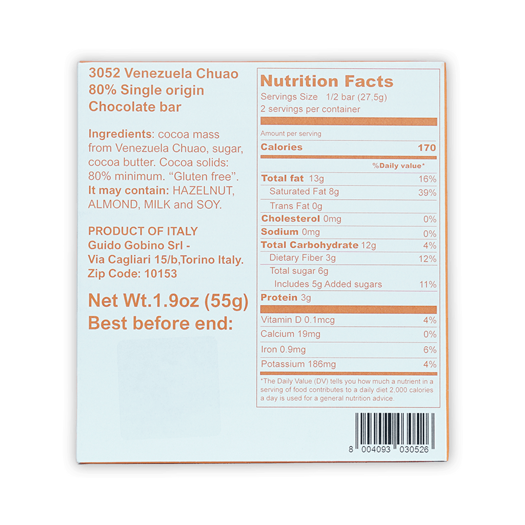 Guido Gobino Venezuela Chuao 80% dark chocolate bar nutrition facts back