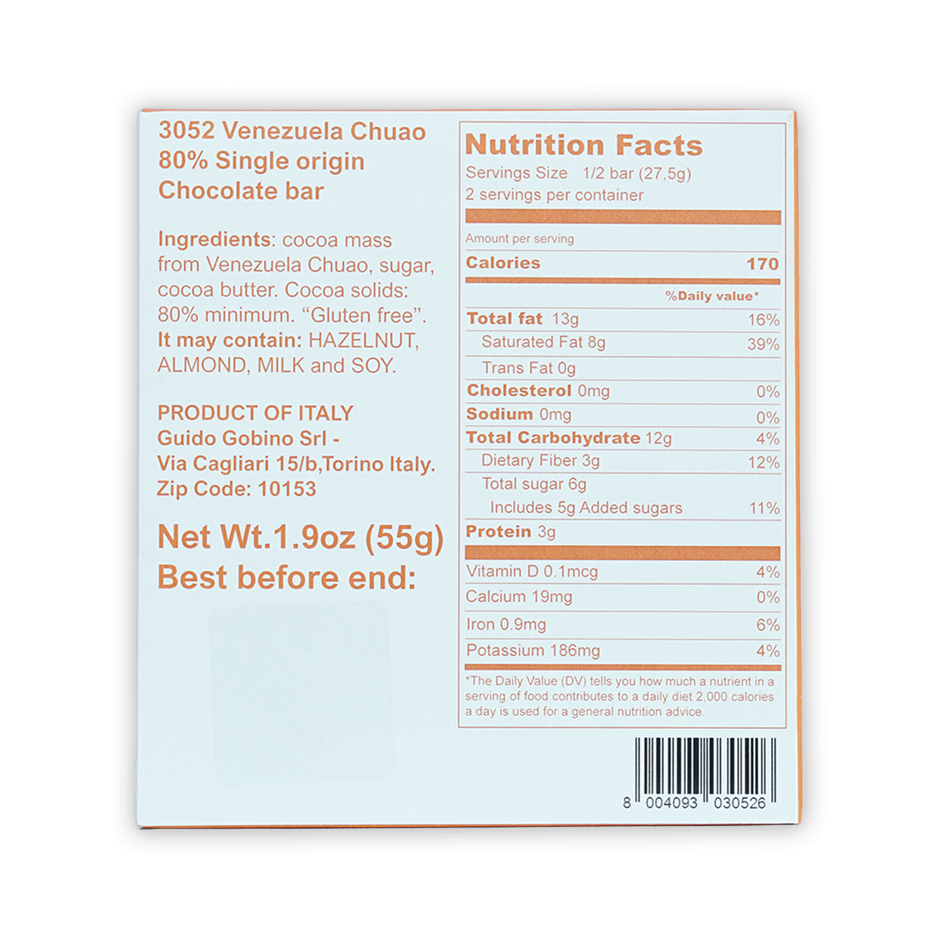 Guido Gobino Venezuela Chuao 80% dark chocolate bar nutrition facts back