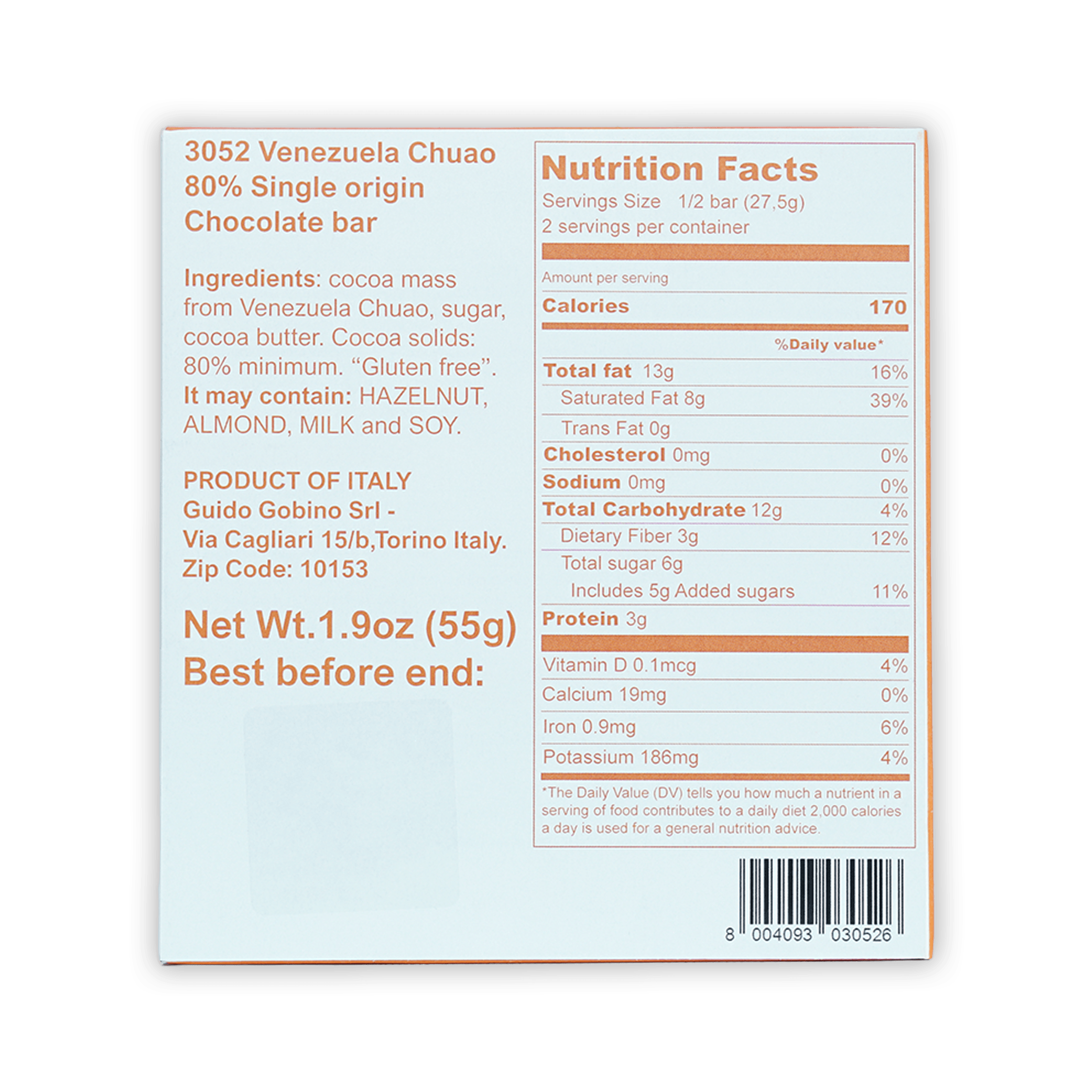 Guido Gobino Venezuela Chuao 80% dark chocolate bar nutrition facts back