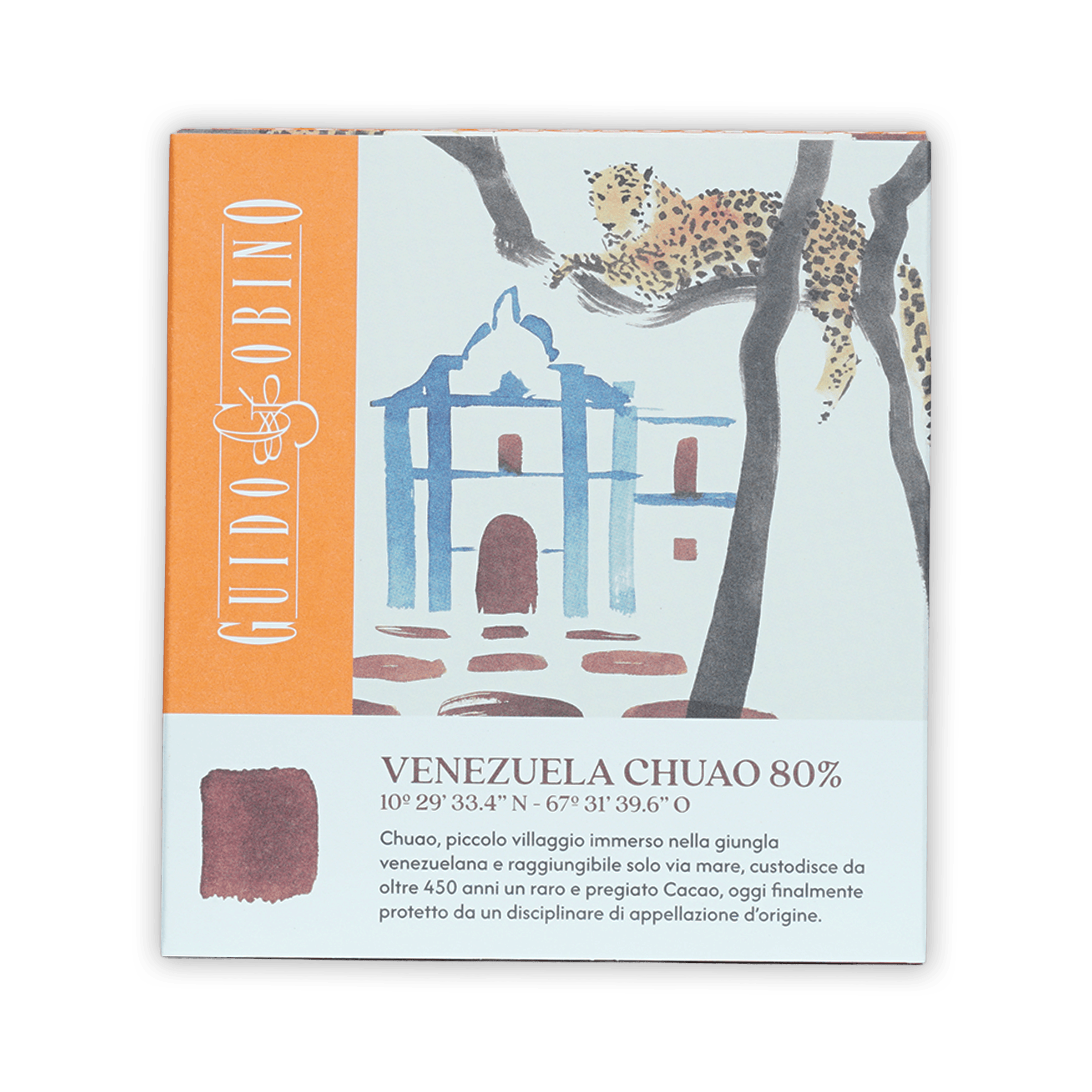 Guido Gobino Venezuela Chuao 80% dark chocolate bar in orange box with leopard