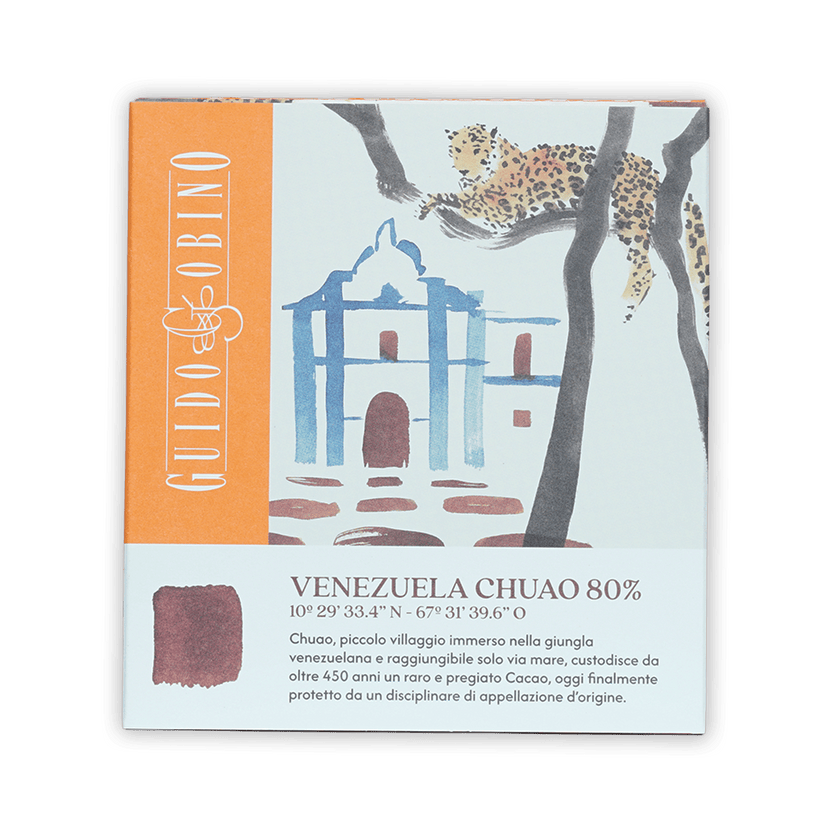Guido Gobino Venezuela Chuao 80% dark chocolate bar in orange box with leopard