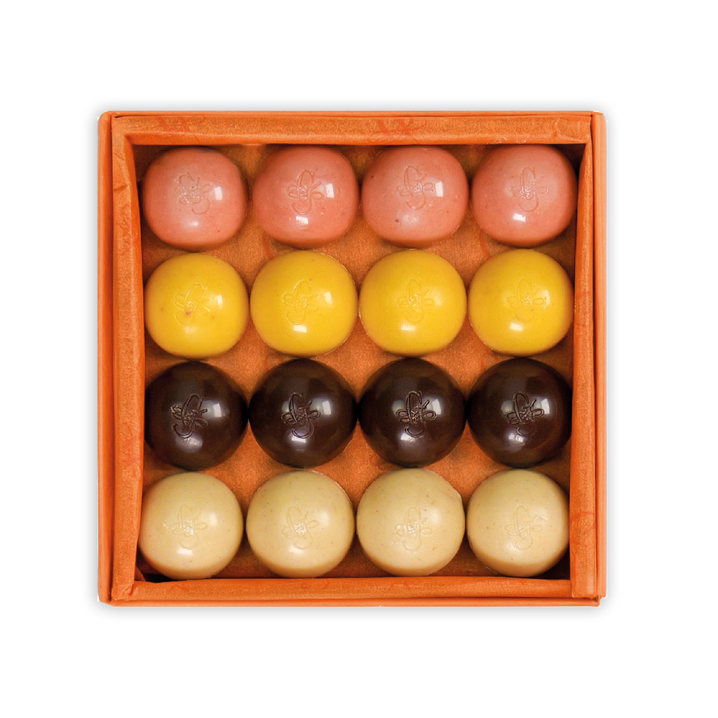 Guido Gobino fruit & spice semisphere truffles in orange box, 32 pcs