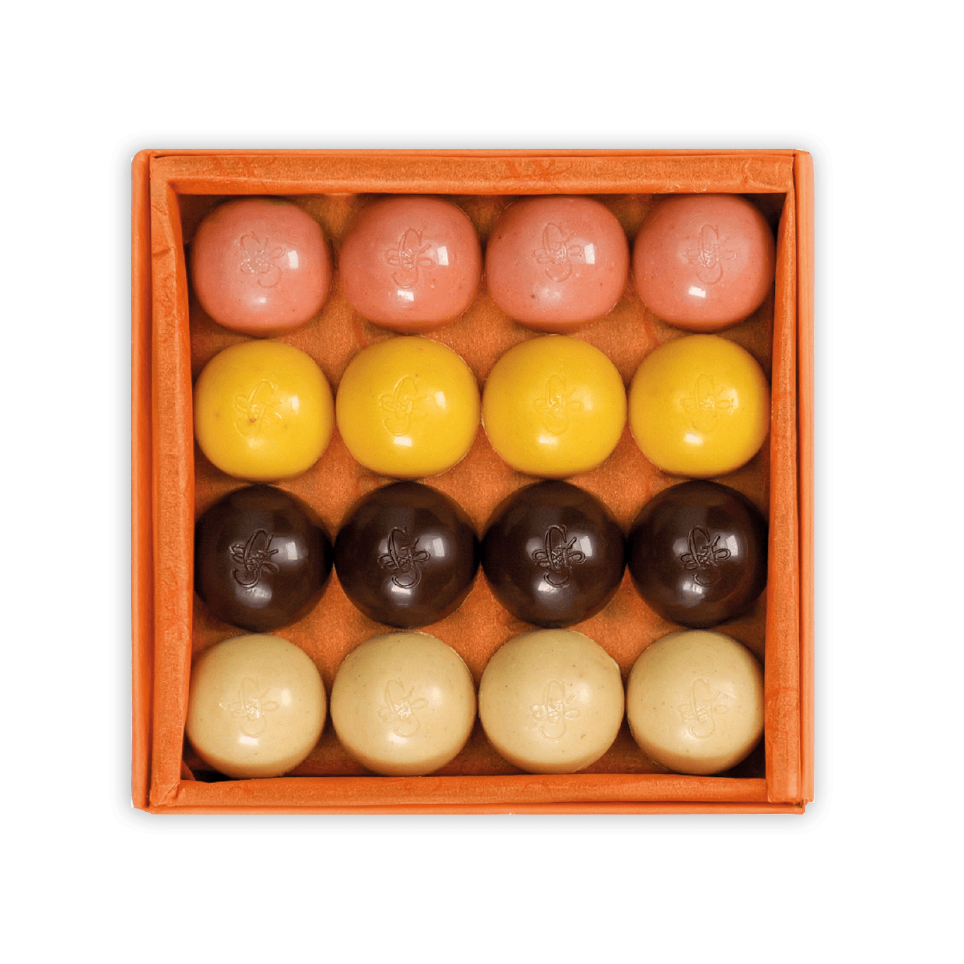 Guido Gobino fruit & spice semisphere truffles in orange box, 32 pcs