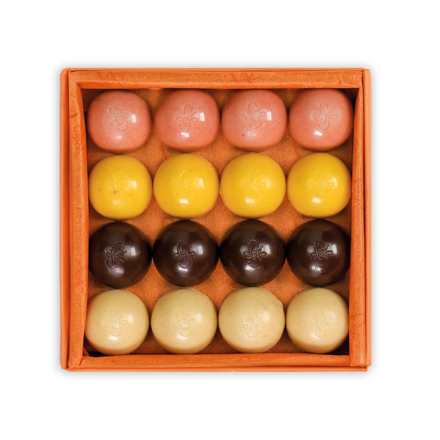 Guido Gobino fruit & spice semisphere truffles in orange box, 32 pcs