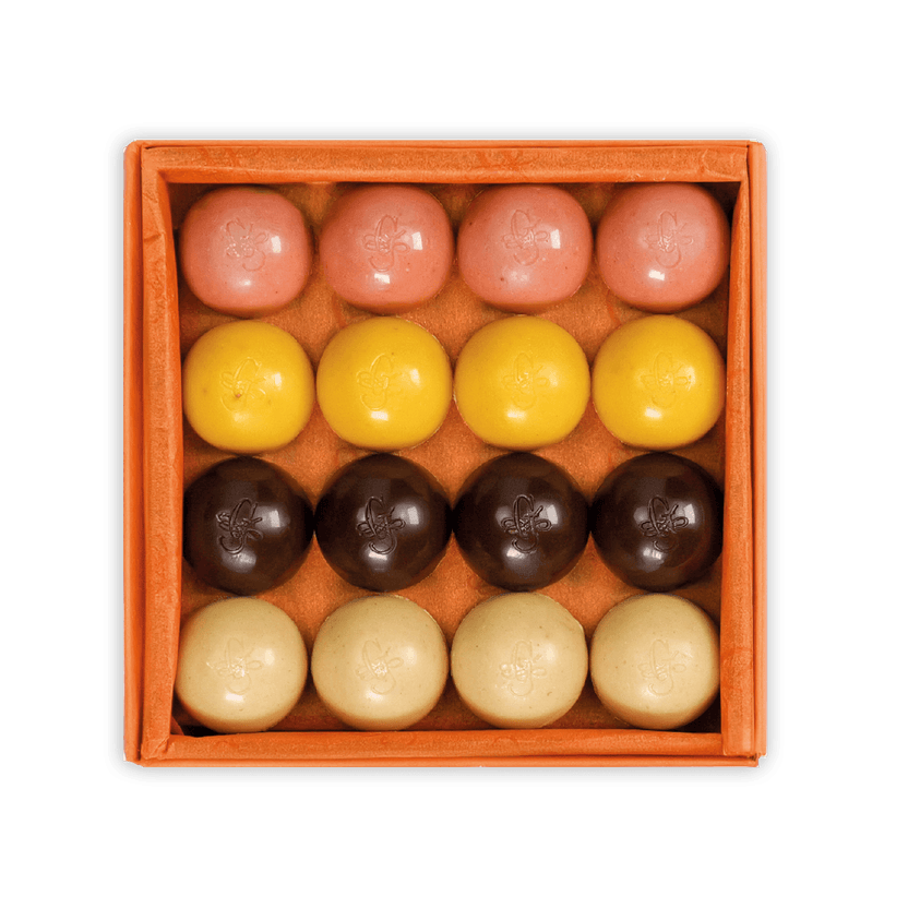 Guido Gobino fruit & spice semisphere truffles in orange box, 32 pcs