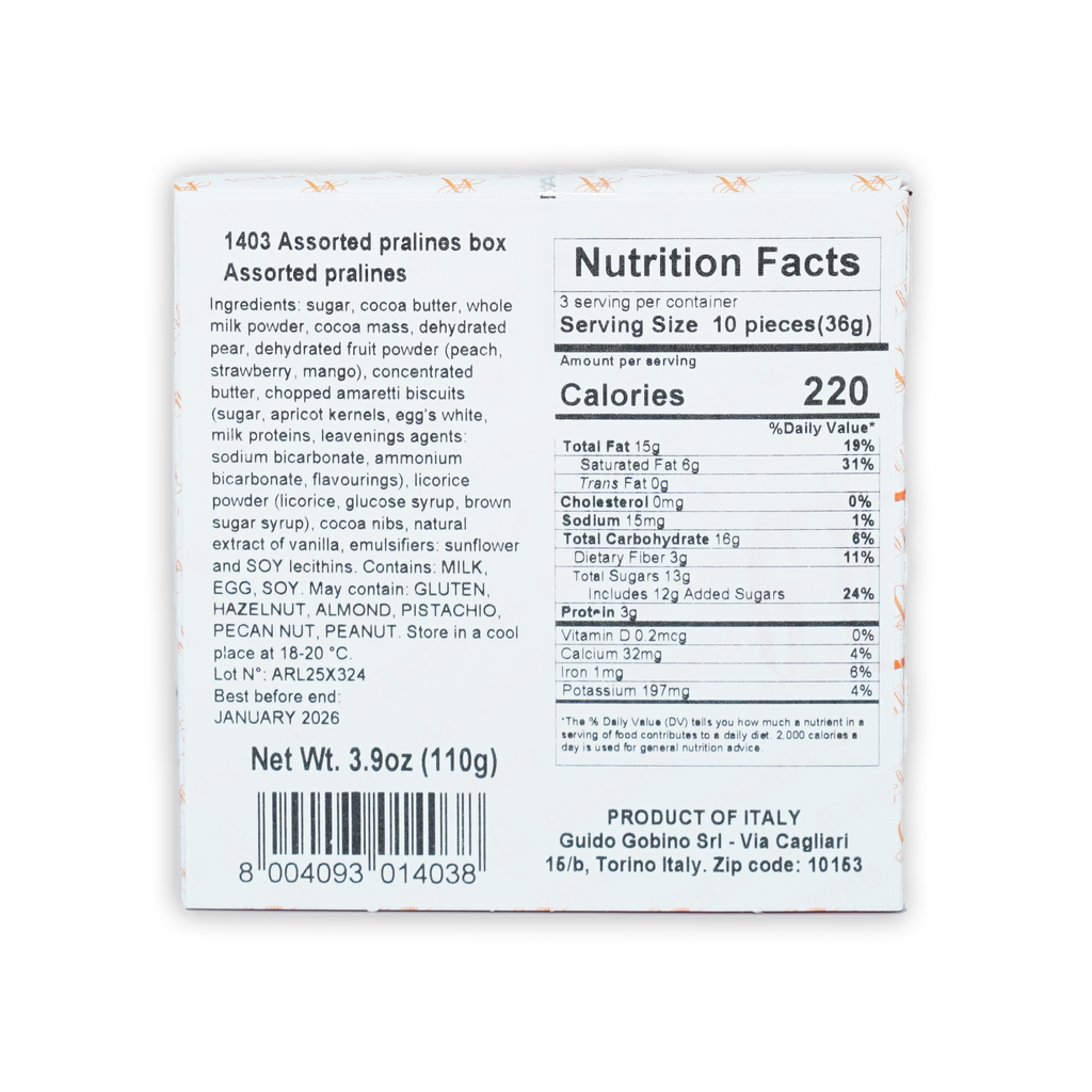 Back of Guido Gobino Fruit & Spice Semisphere box with 1403 assorted pralines nutrition label