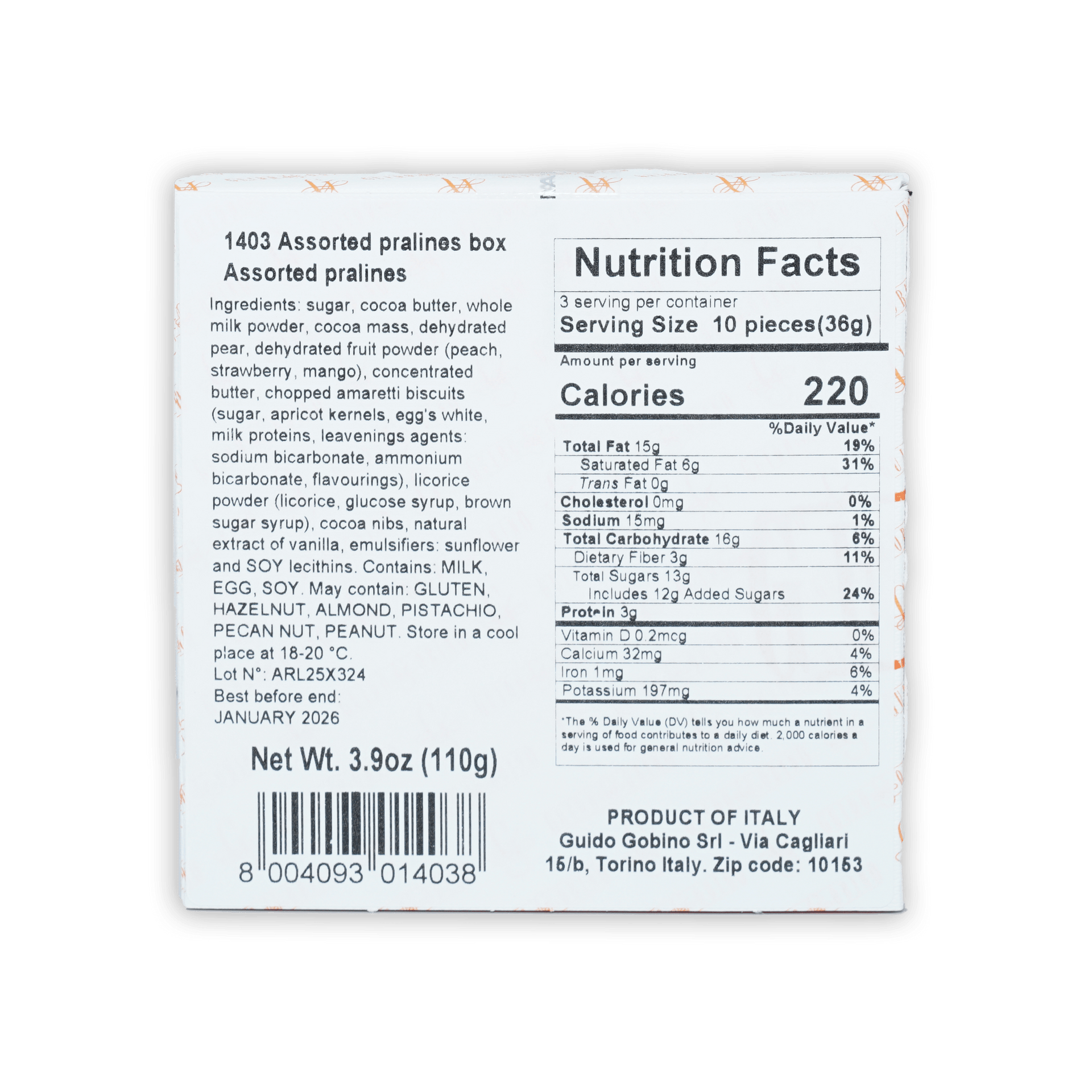 Back of Guido Gobino Fruit & Spice Semisphere box with 1403 assorted pralines nutrition label
