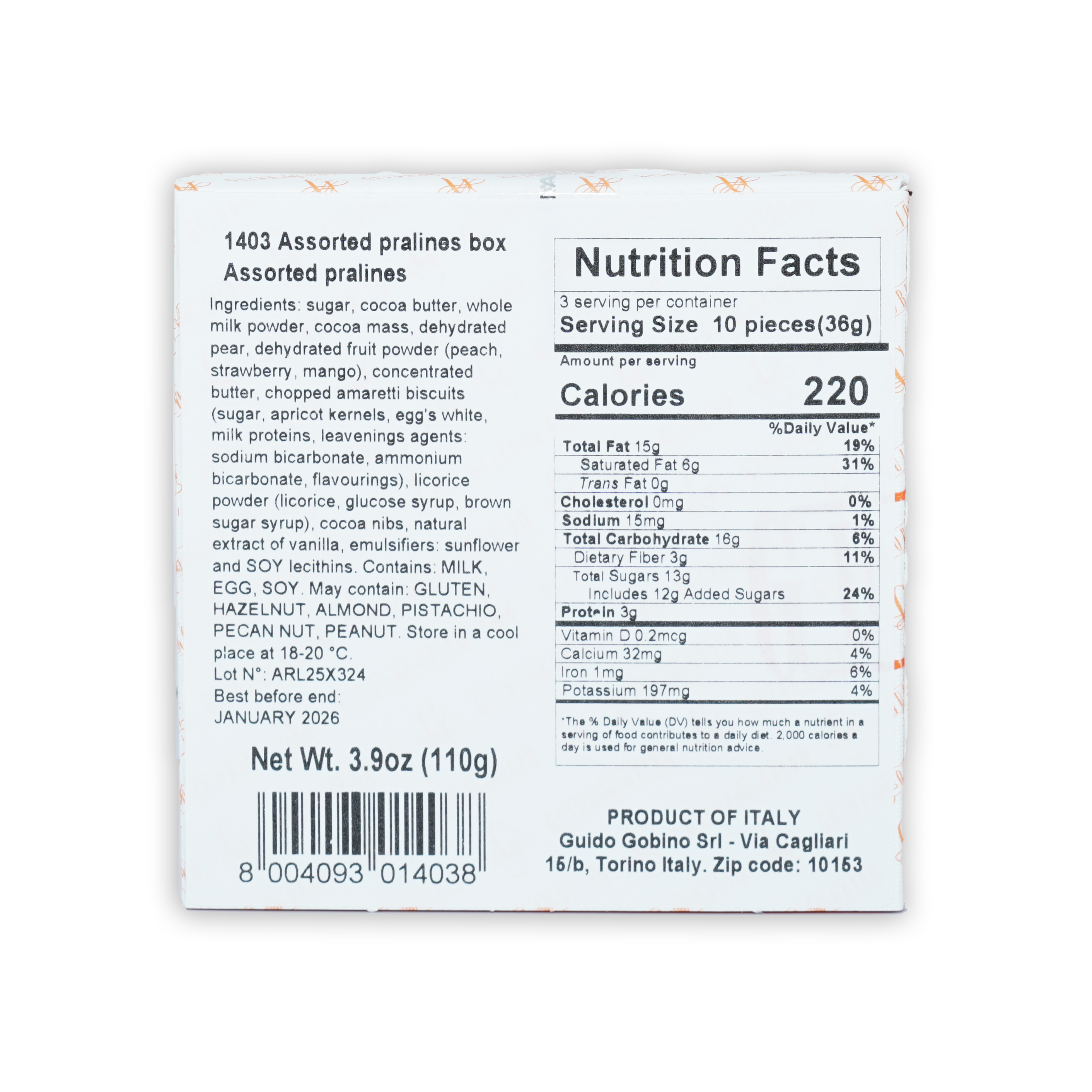 Back of Guido Gobino Fruit & Spice Semisphere box with 1403 assorted pralines nutrition label