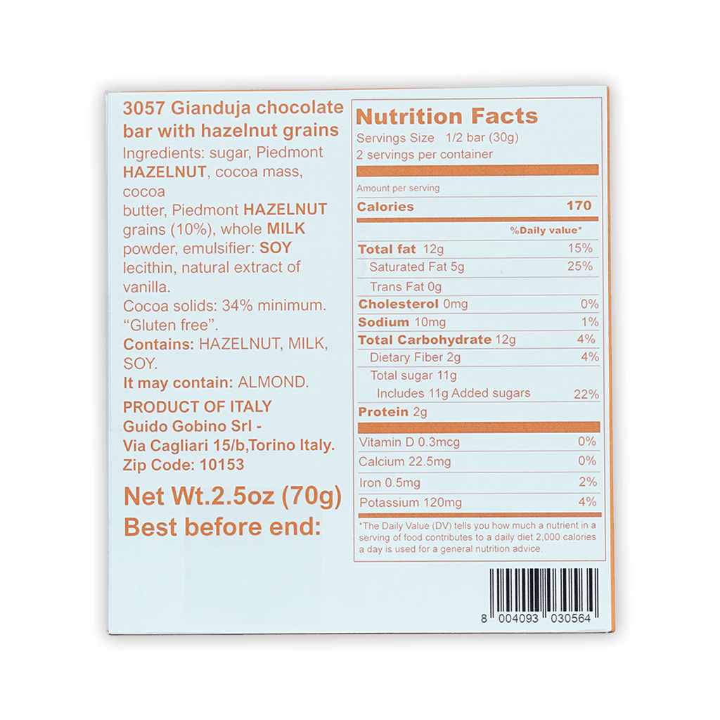 Guido Gobino gianduja chocolate bar 34% with hazelnuts, white box back with nutrition facts