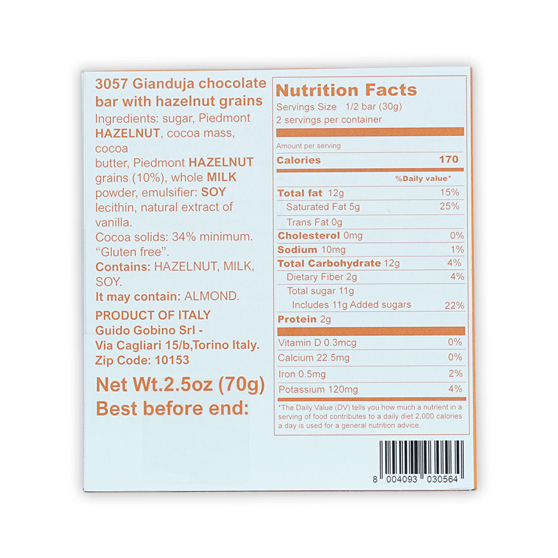 Guido Gobino gianduja chocolate bar 34% with hazelnuts, white box back with nutrition facts