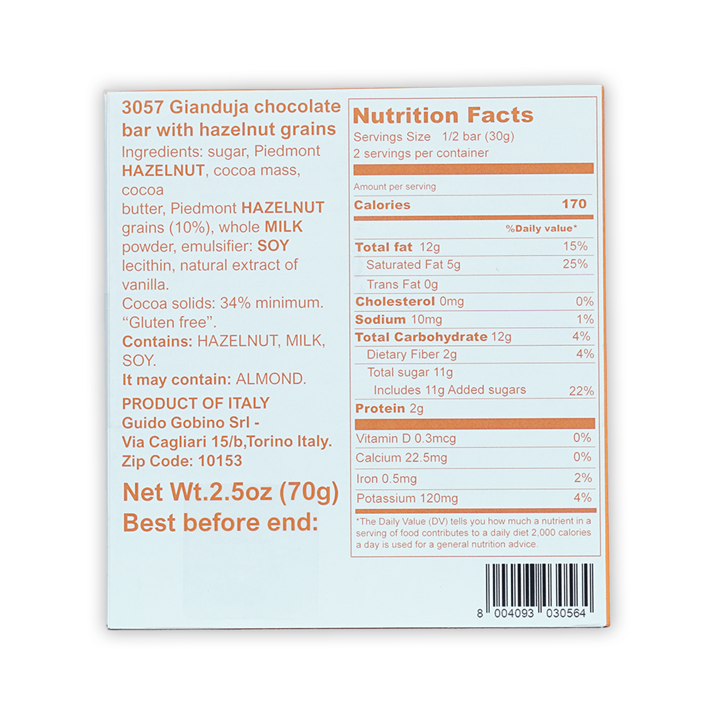 Guido Gobino gianduja chocolate bar 34% with hazelnuts, white box back with nutrition facts
