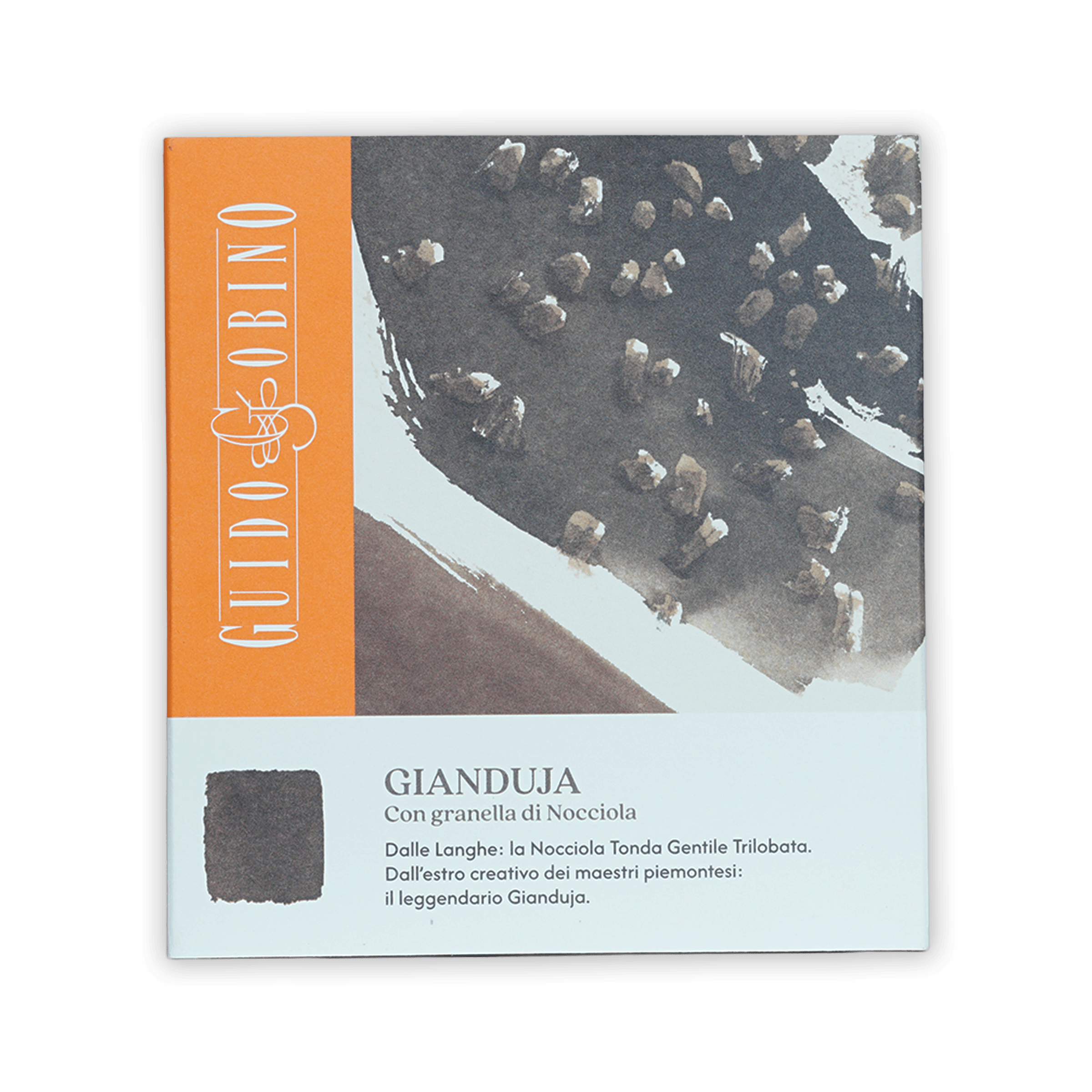 Guido Gobino gianduja with hazelnuts chocolate bar 34%, dark textured square package