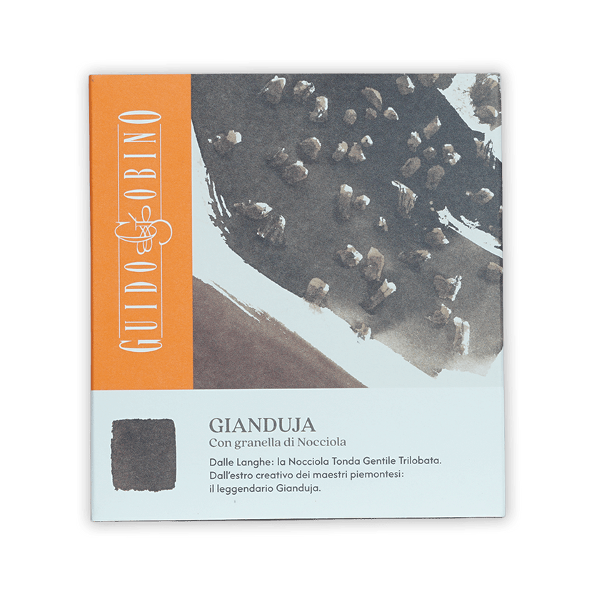 Guido Gobino gianduja with hazelnuts chocolate bar 34%, dark textured square package